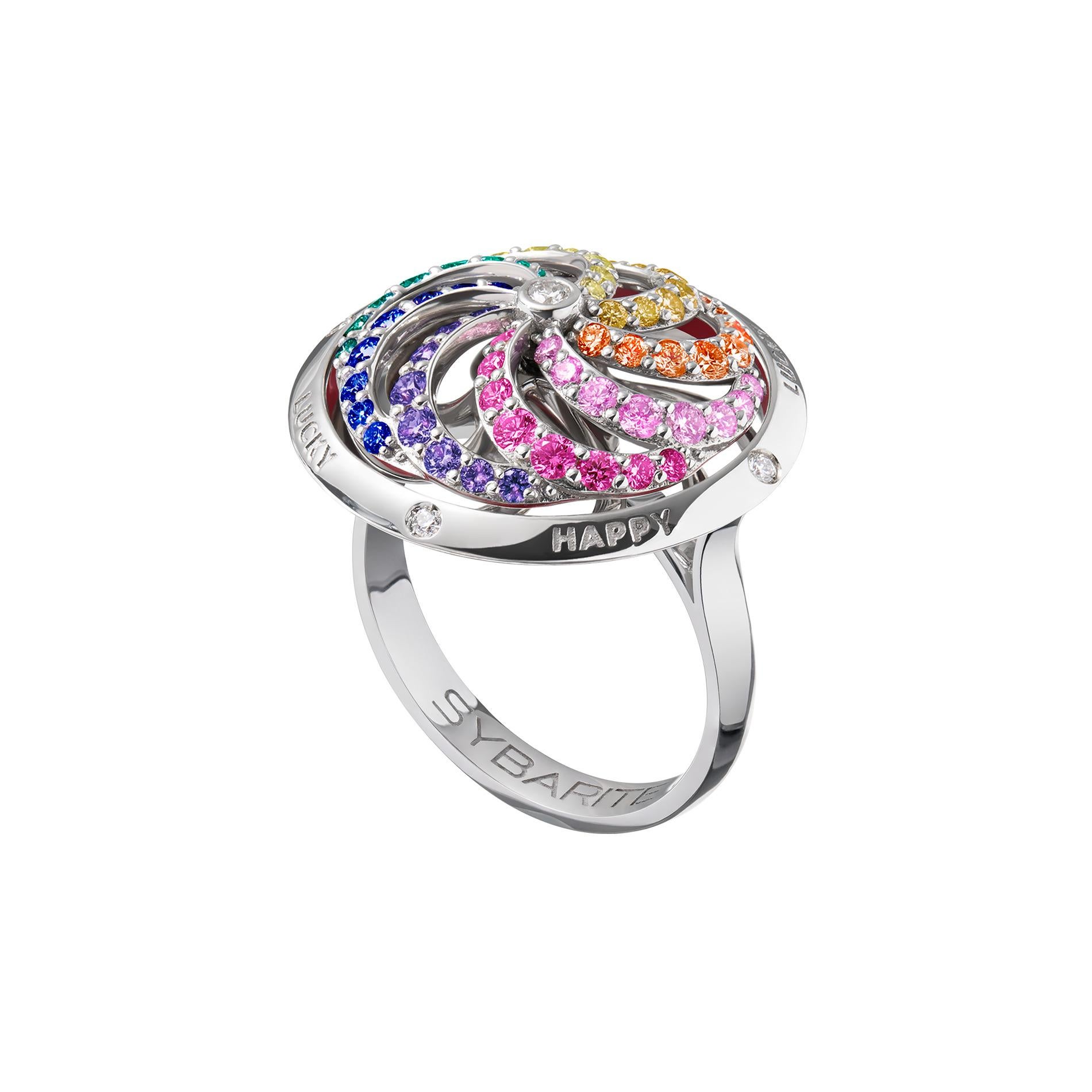 Round Cut Fortune Kinetic Rainbow Ring in White Gold with White Diamonds & Precious Stones For Sale