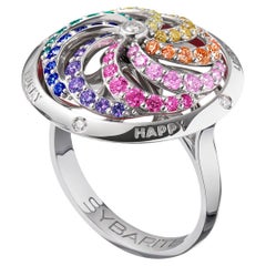 Anillo Arcoiris Cinético Fortuna de Oro Blanco con Diamantes Blancos y Piedras Preciosas