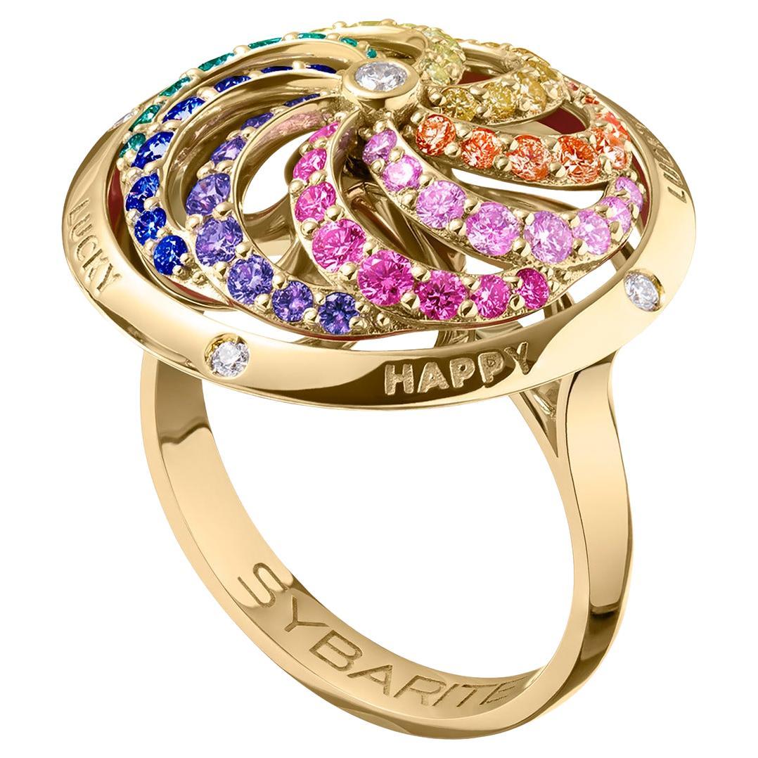 Fortune Kinetic Rainbow Ring in Yellow Gold with White Diamonds & Precious Stone