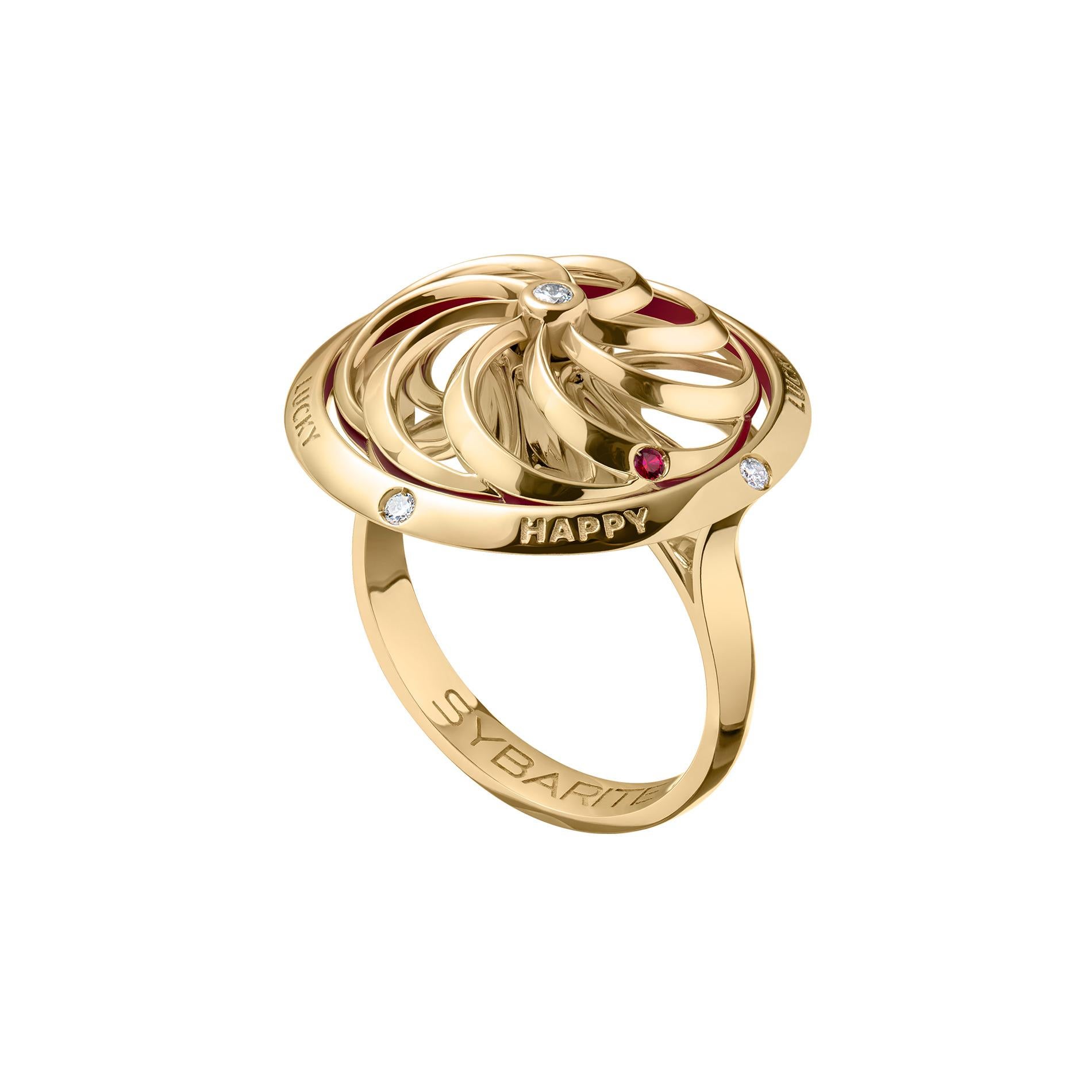Make your own luck with our Fortune kinetic ring. This refined 18ct yellow gold Fortune Kinetic ring is a playful take on the Wheel of Fortune. Loving designed with Sybarite’s signature Kinetic element, watch the wheel twist and twirl with white