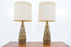 Fortune Lamps, Dated 1959, in Gold and Terracota Geometric Pattern