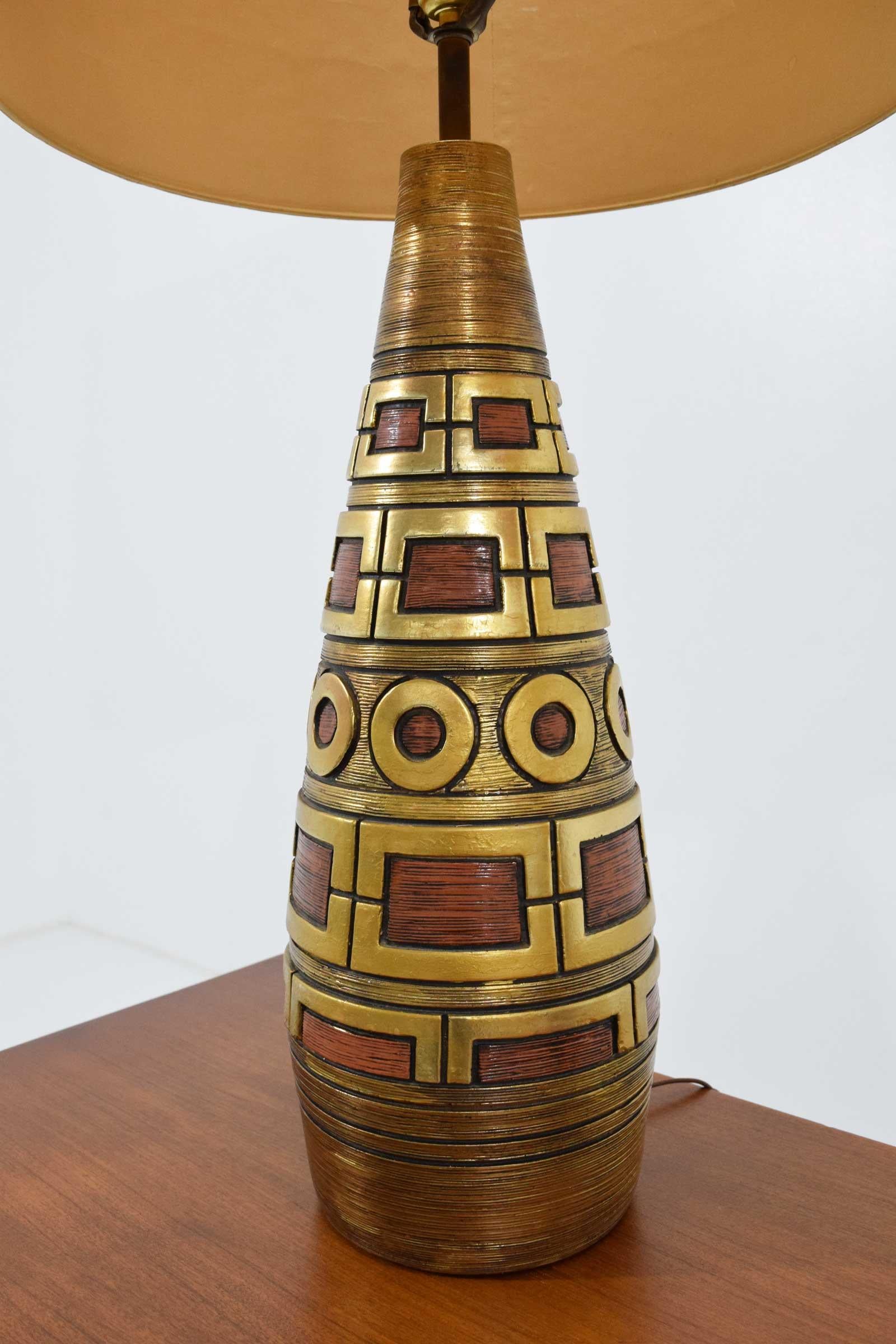 Mid-Century Modern Fortune Lamps, Dated 1959, in Gold and Terracota Geometric Pattern