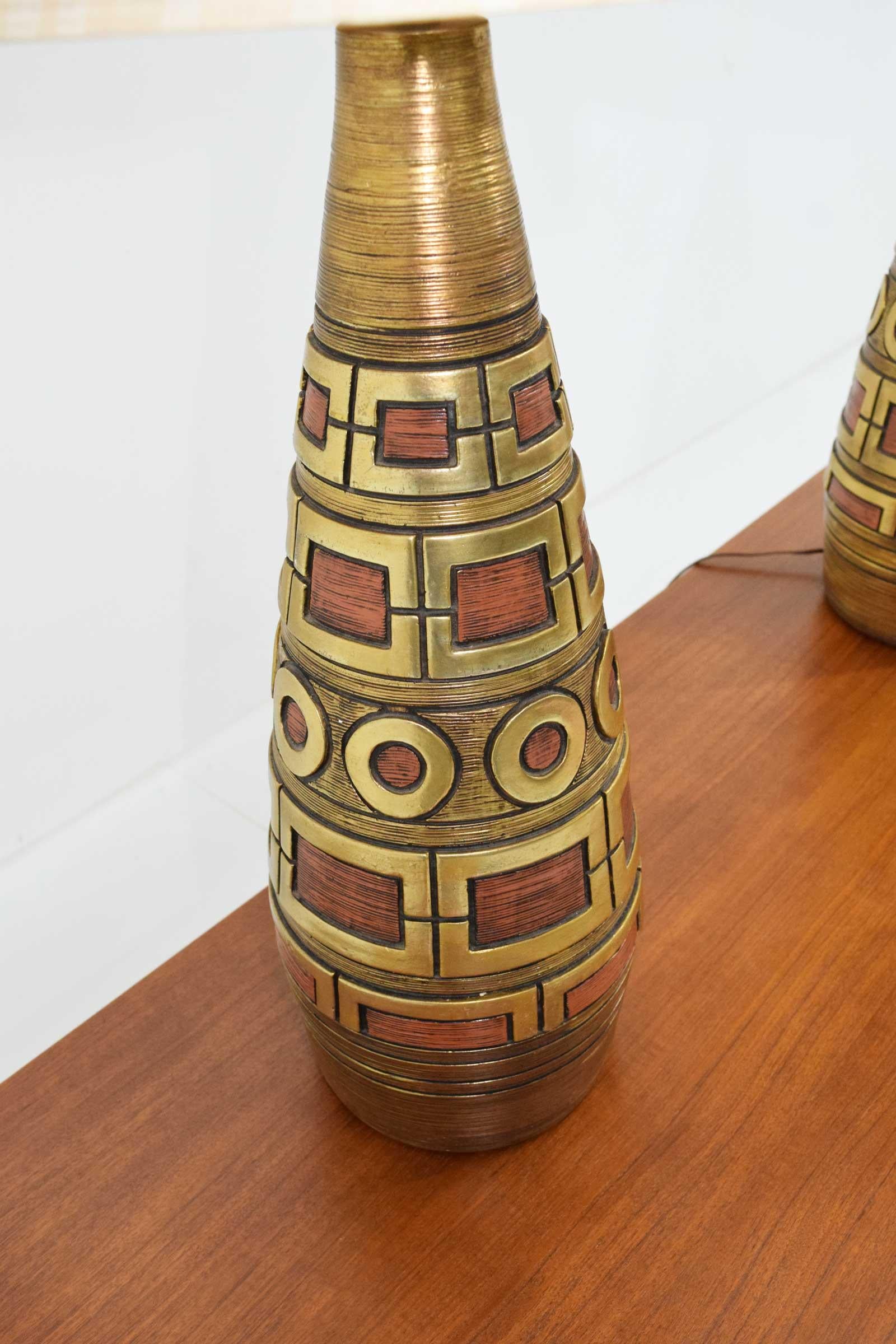 Fortune Lamps, Dated 1959, in Gold and Terracota Geometric Pattern In Good Condition In Dallas, TX