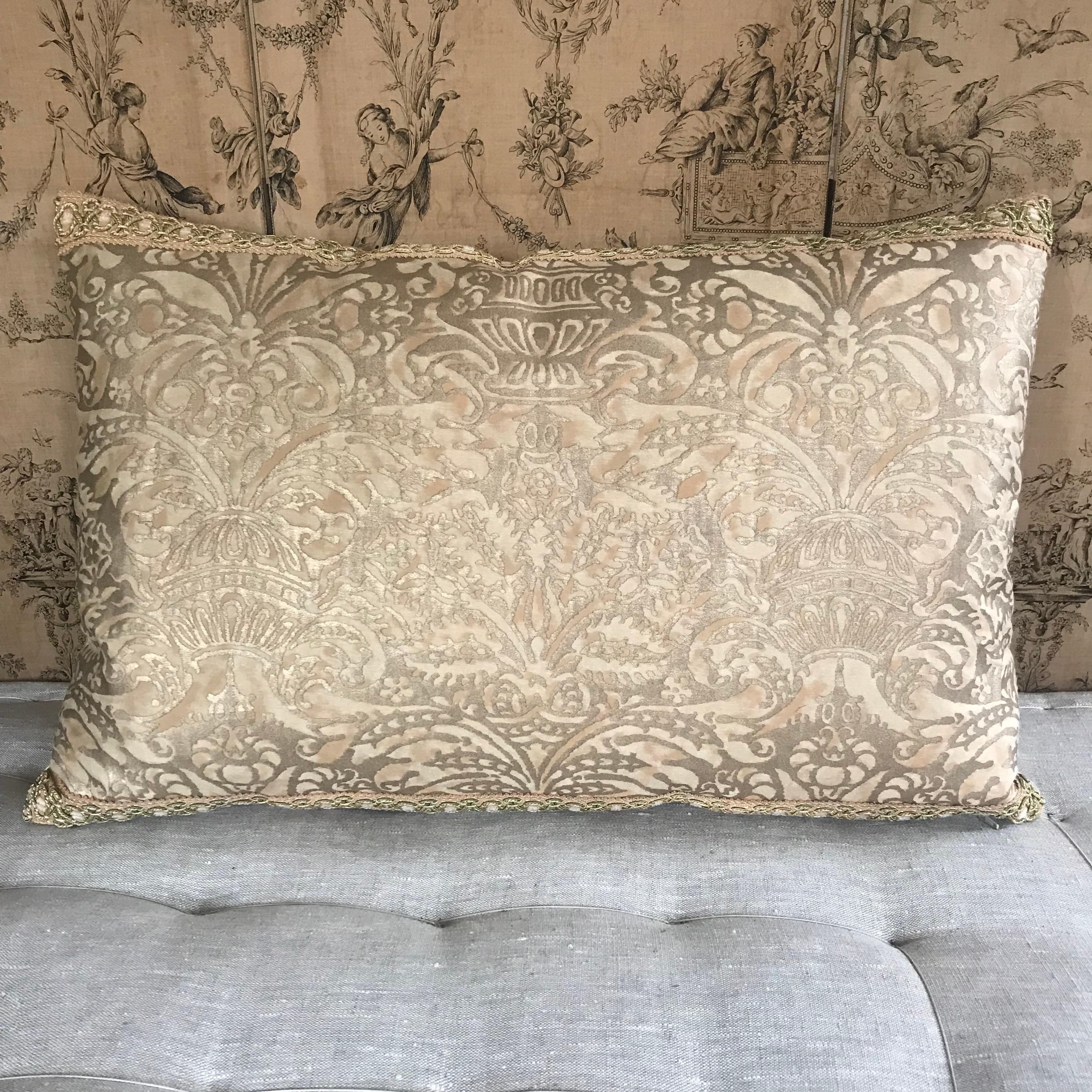 One large pillow shaped cushion made from vintage Fortuny fabric - this is the Campanella design in apricot and silvery gold - one of the prettiest of the Fortuny designs and colour ways I think 
I have laid it onto honey coloured vintage silk 
-