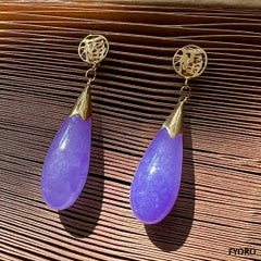 Fortune Purple Jade Long Drop Earrings with 14K Yellow Gold