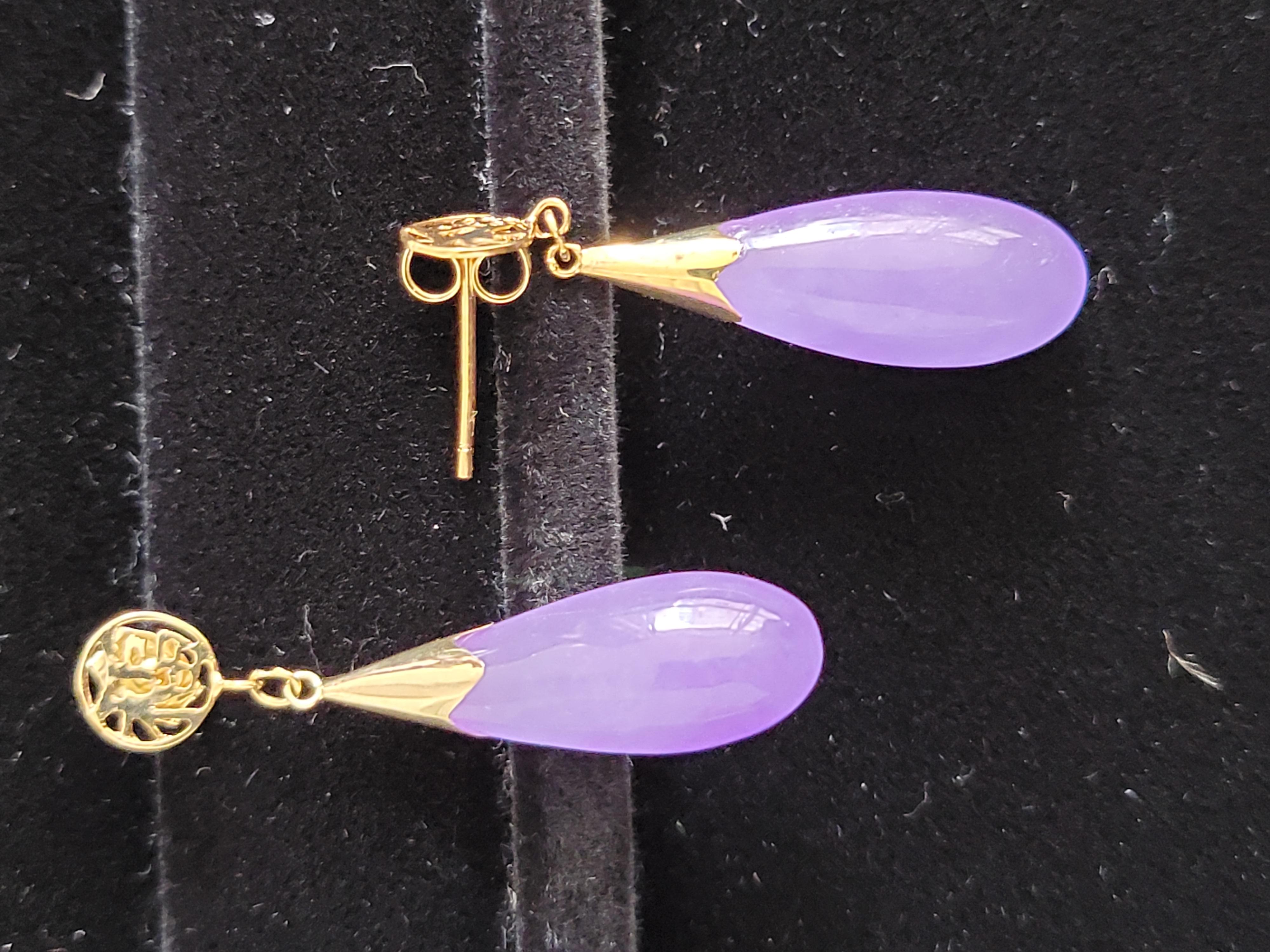 Women's or Men's Fortune Purple Jade Long Drop Earrings with 14K Yellow Gold For Sale