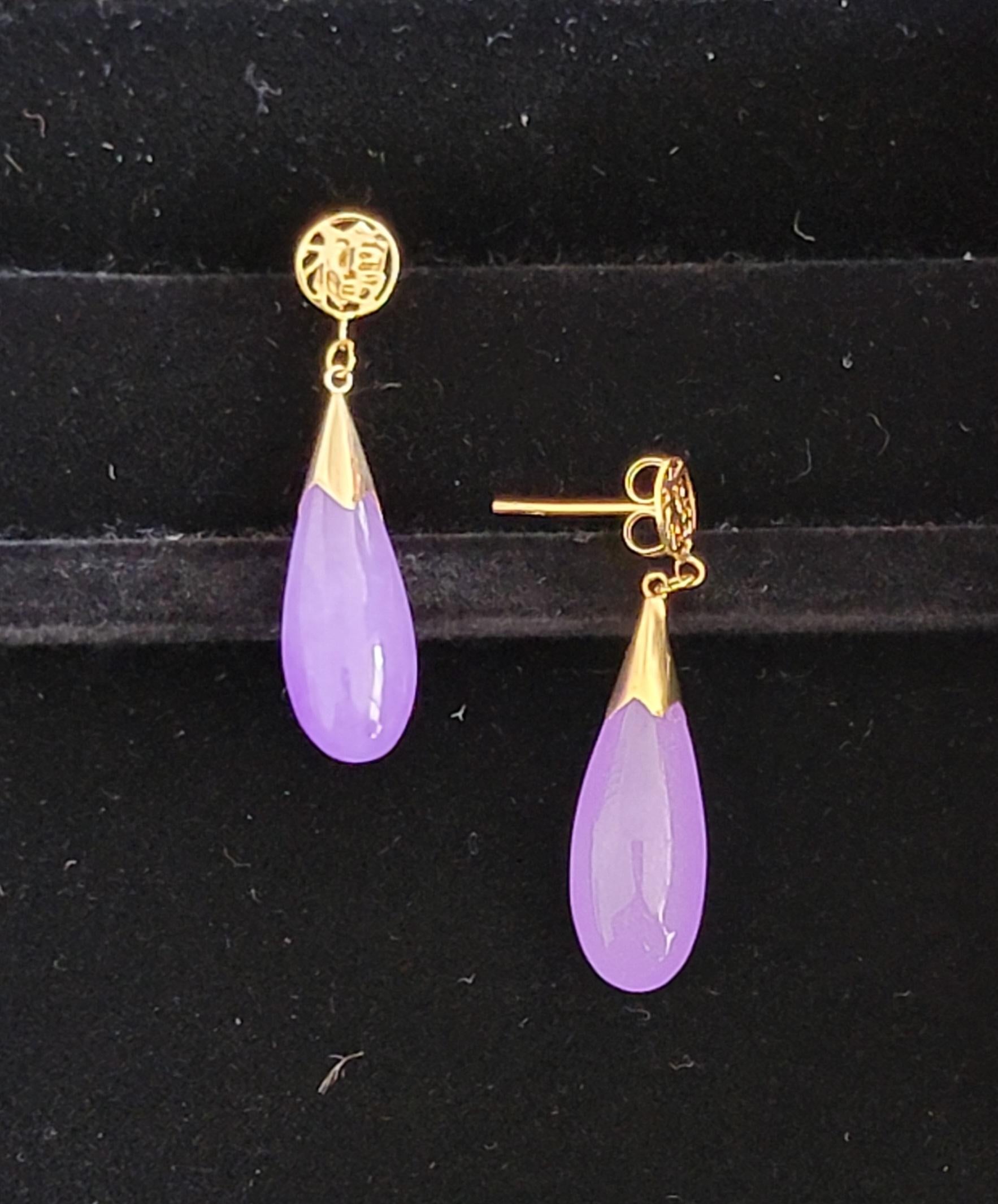 Fortune Purple Jade Long Drop Earrings with 14K Yellow Gold For Sale 2