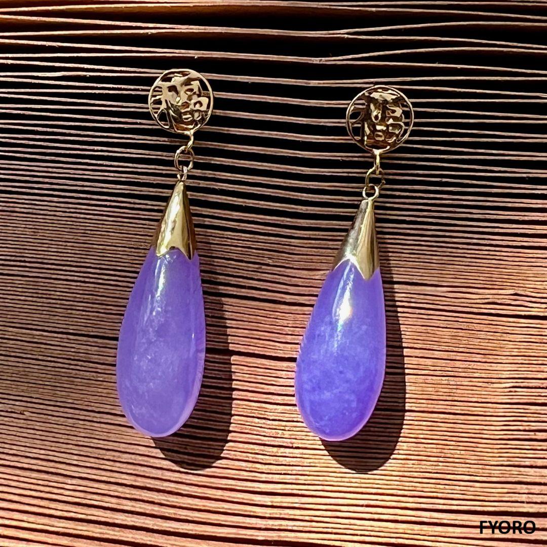 Fortune Purple Jade Long Drop Earrings with 14K Yellow Gold For Sale 3