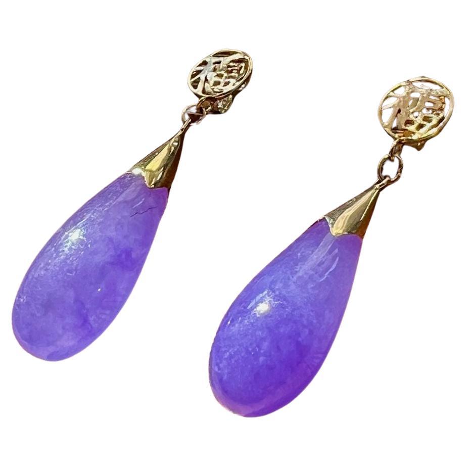 Fortune Purple Jade Long Drop Earrings with 14K Yellow Gold For Sale