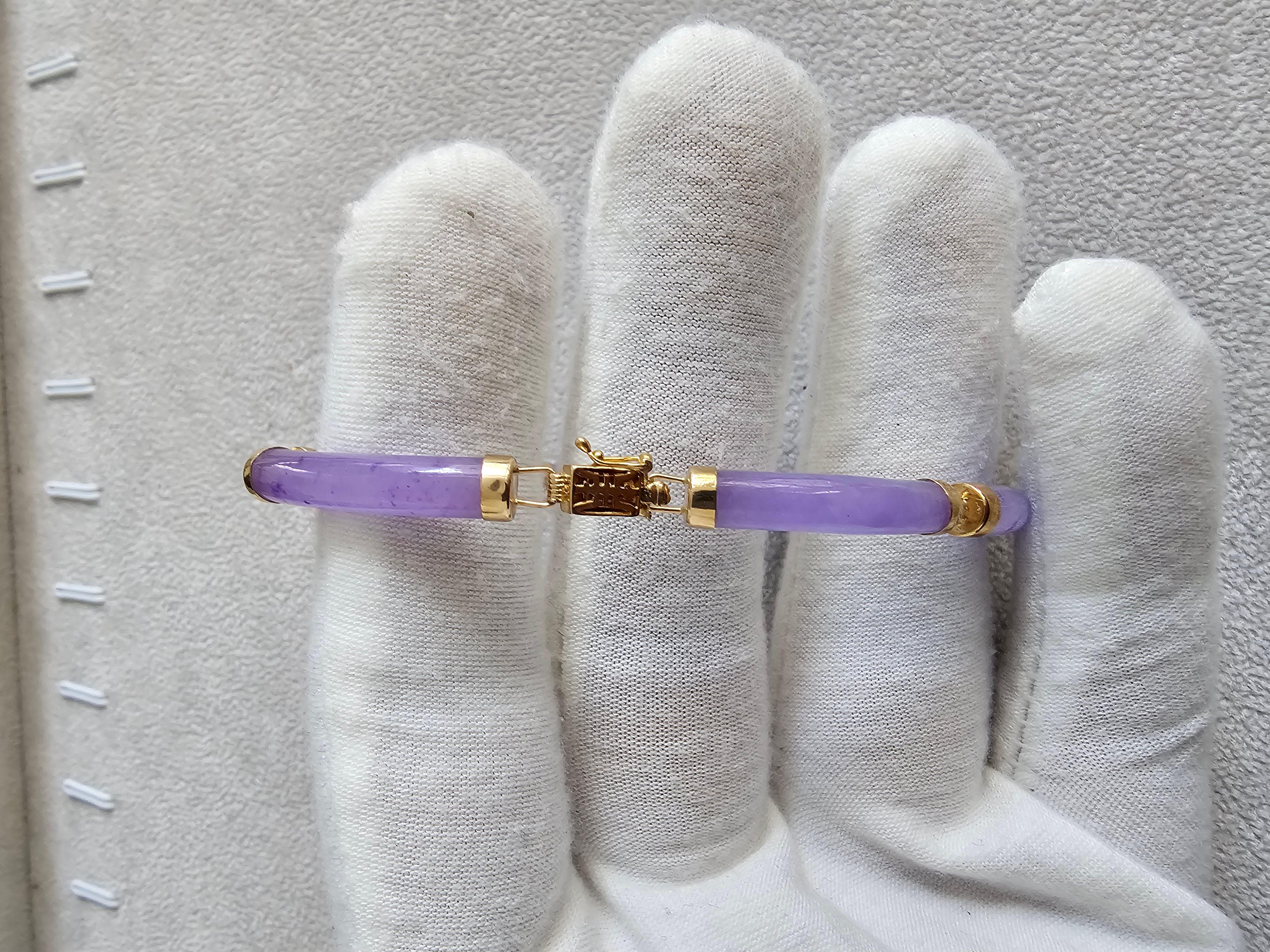 Fortune Purple Jadeite Tube Bars Bracelet with 14K Solid Yellow Gold links/clasp For Sale 4