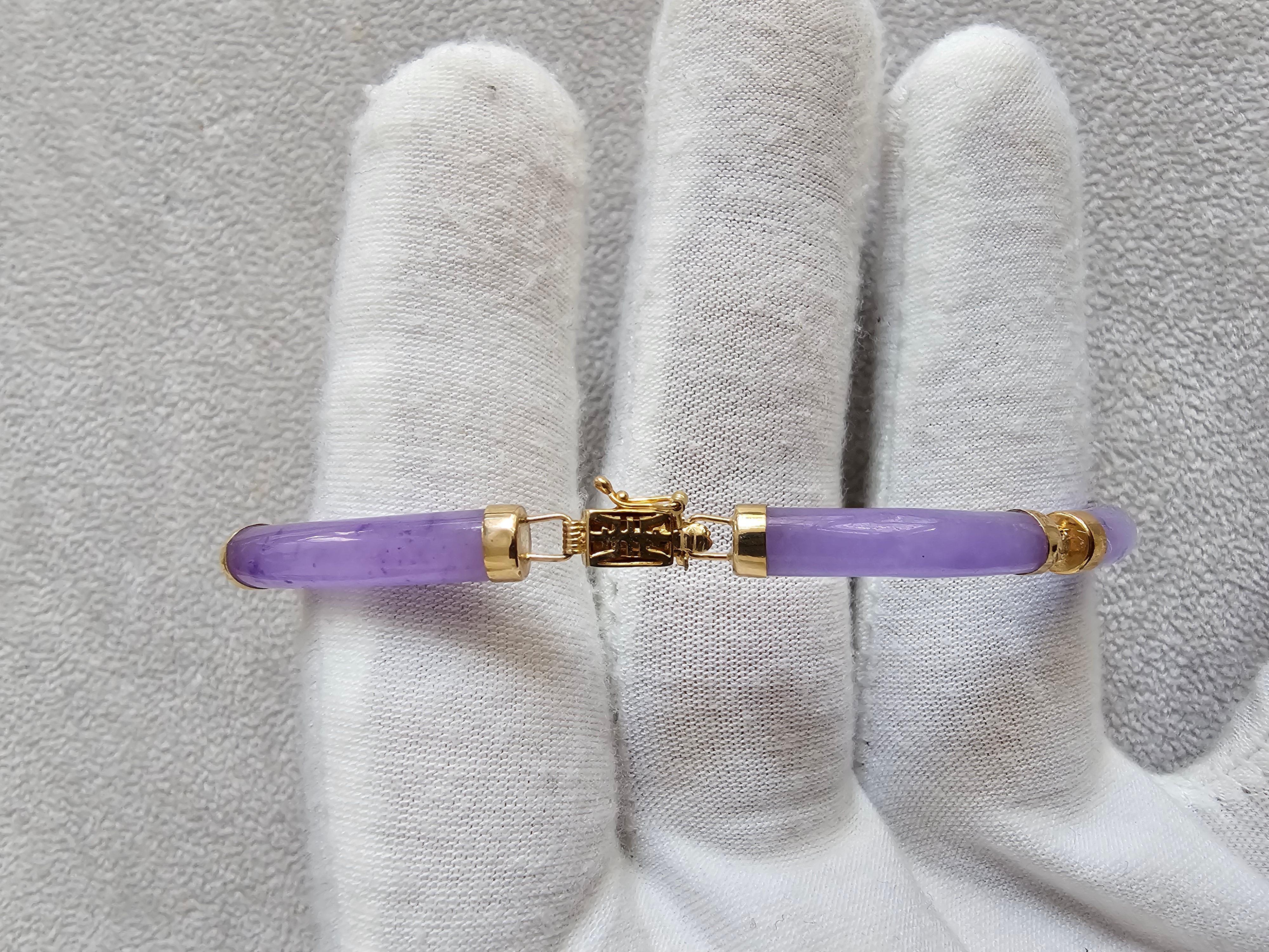 Fortune Purple Jadeite Tube Bars Bracelet with 14K Solid Yellow Gold links/clasp For Sale 6