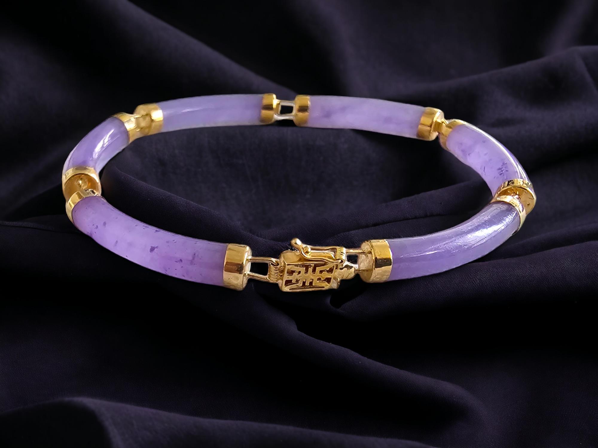 Cabochon Fortune Purple Jadeite Tube Bars Bracelet with 14K Solid Yellow Gold links/clasp For Sale