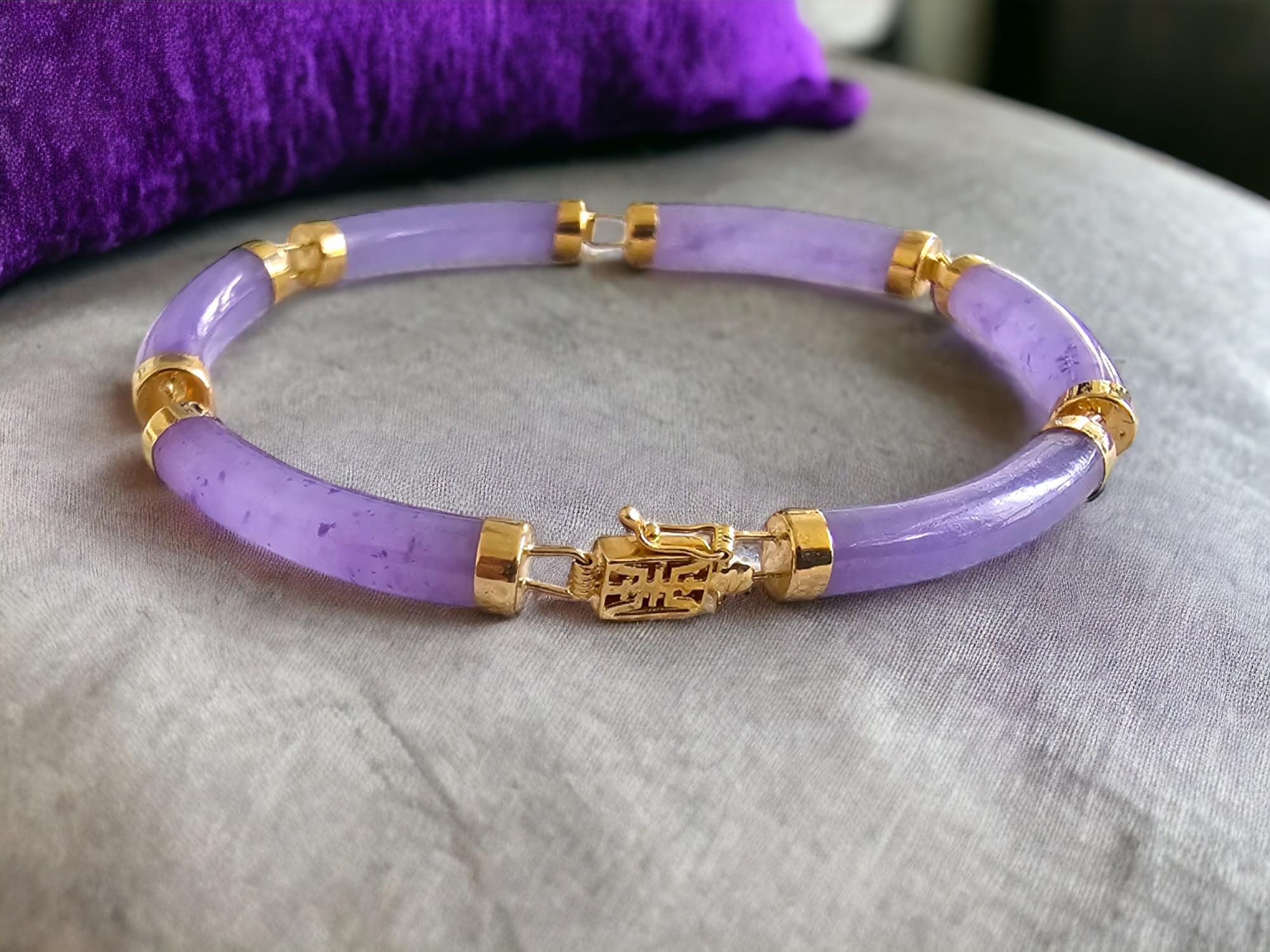 Fortune Purple Jadeite Tube Bars Bracelet with 14K Solid Yellow Gold links/clasp In New Condition For Sale In Kowloon, HK