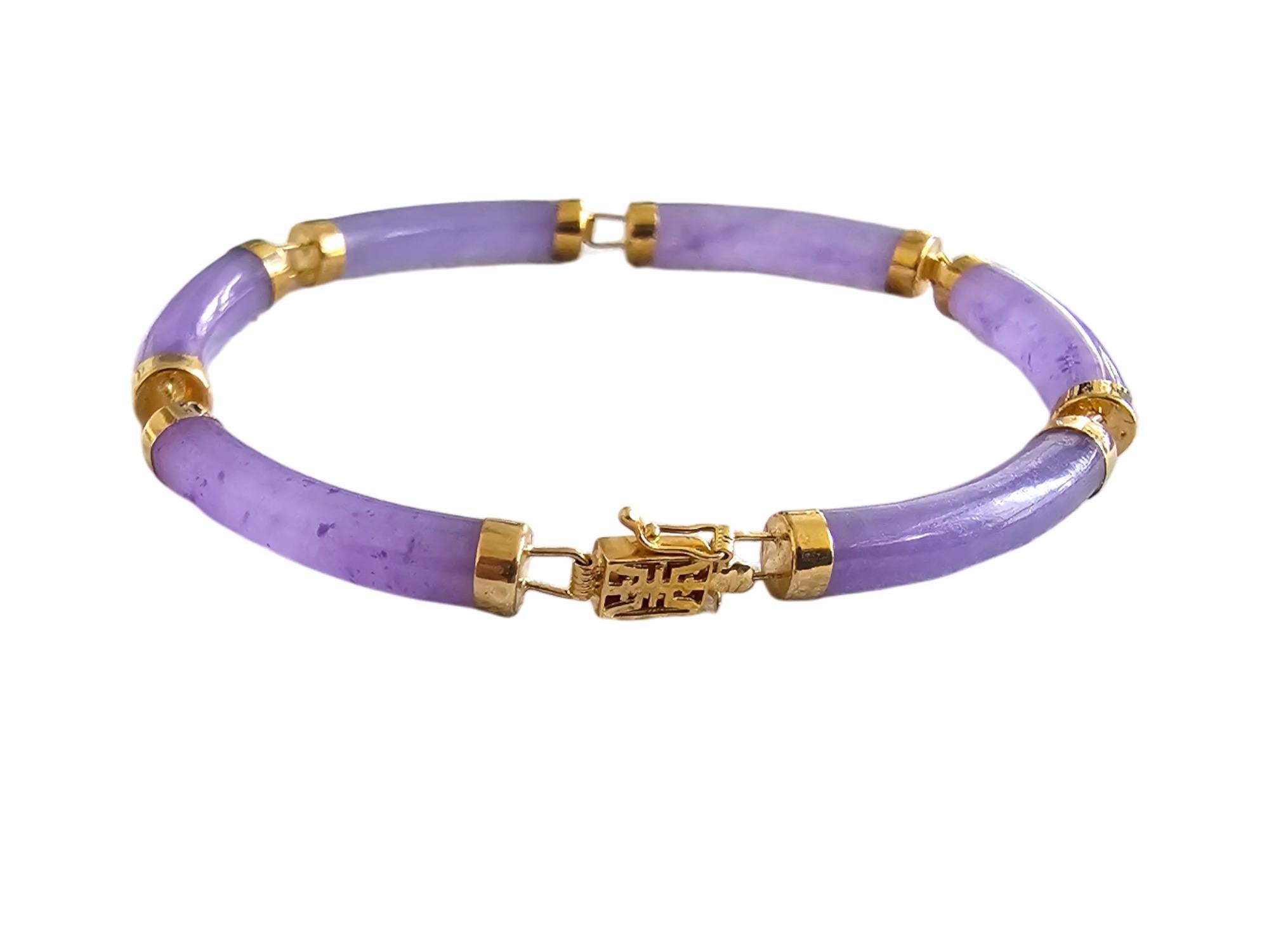Women's or Men's Fortune Purple Jadeite Tube Bars Bracelet with 14K Solid Yellow Gold links/clasp For Sale