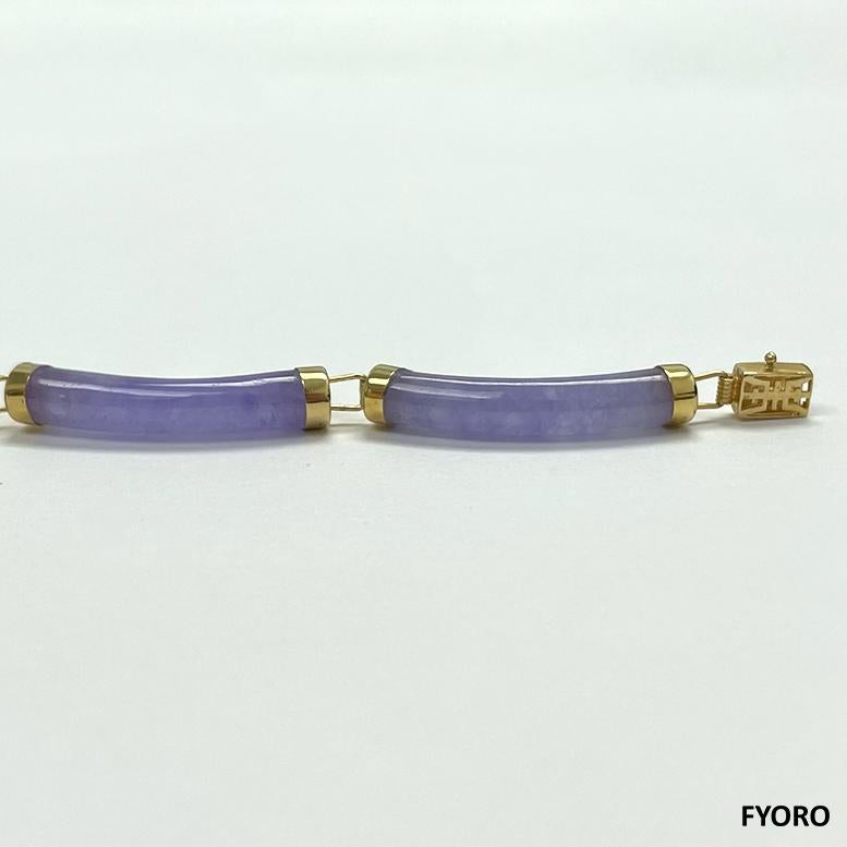 Fortune Purple Jadeite Tube Bars Bracelet with 14K Solid Yellow Gold links/clasp For Sale 1