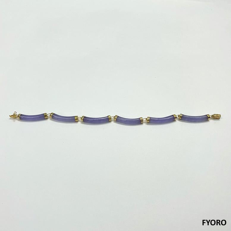 Fortune Purple Jadeite Tube Bars Bracelet with 14K Solid Yellow Gold links/clasp For Sale 4