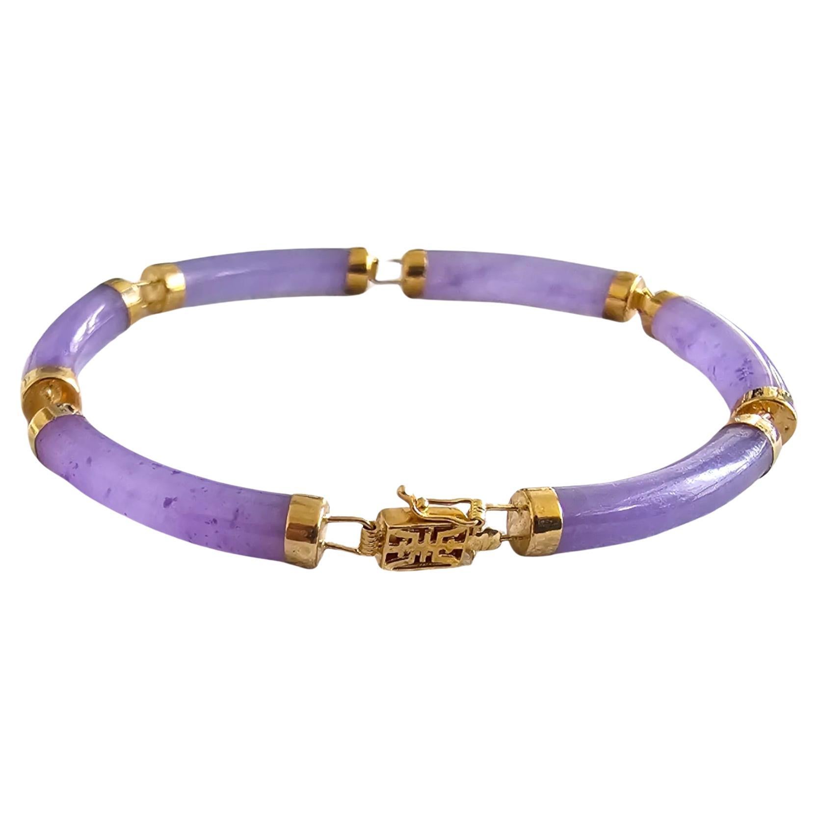 Fortune Purple Jadeite Tube Bars Bracelet with 14K Solid Yellow Gold links/clasp For Sale