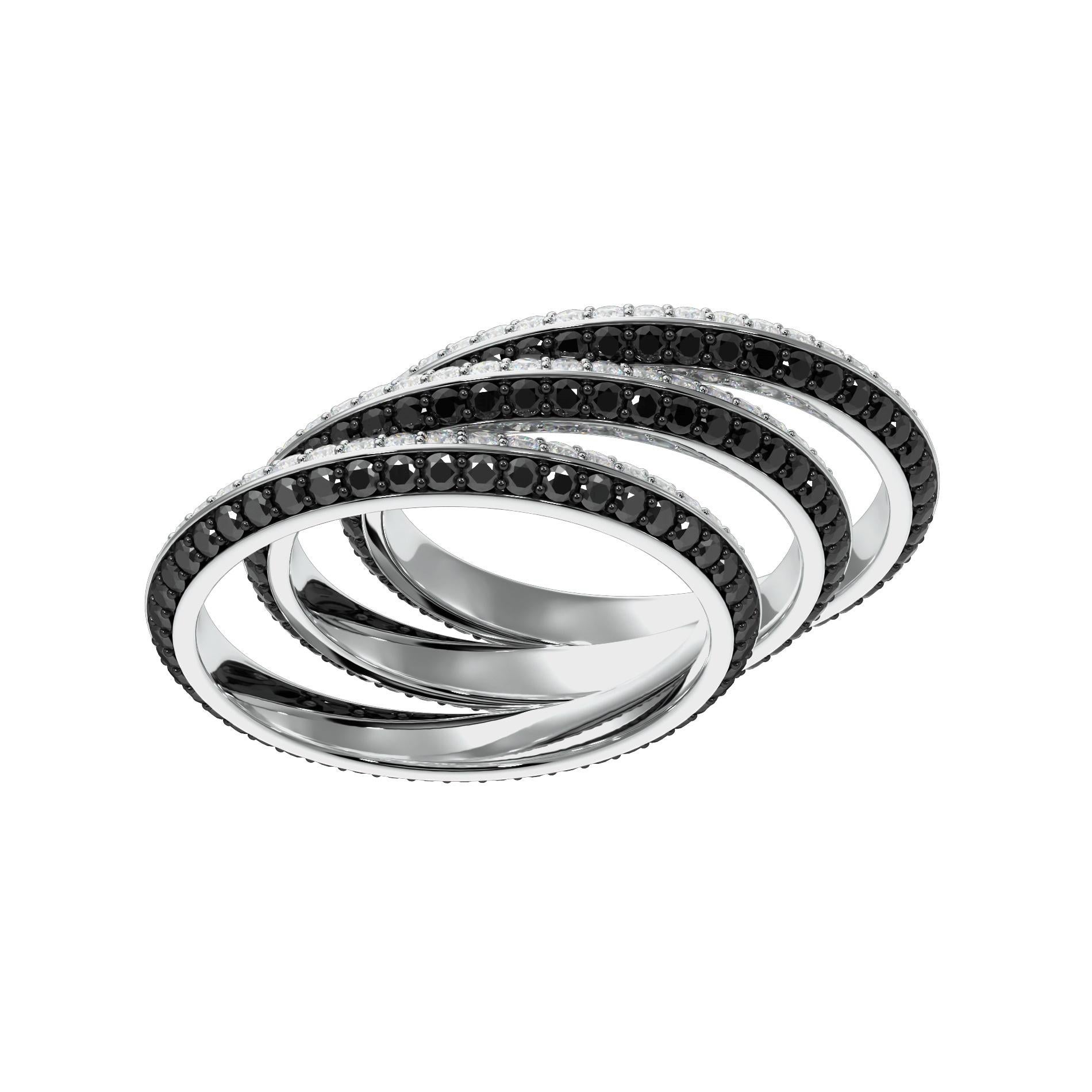 Contemporary Fortune Triad Ring in White Gold with White & Black Diamonds For Sale
