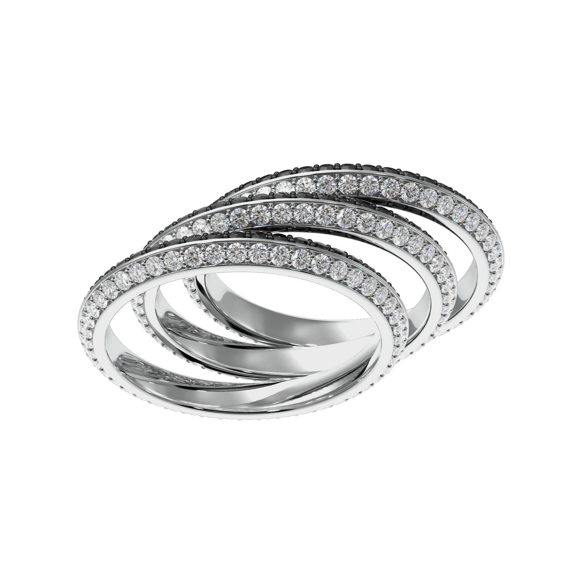 Round Cut Fortune Triad Ring in White Gold with White & Black Diamonds For Sale