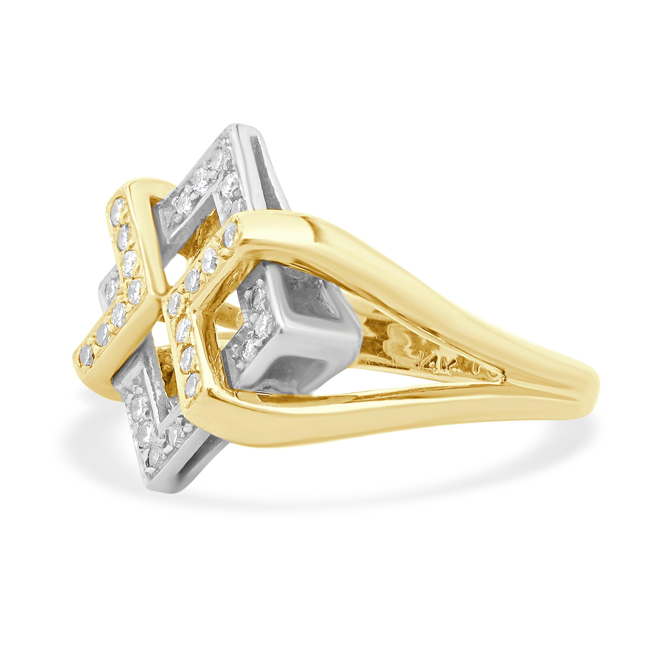Designer: Fortunes
Material: 14K white & yellow gold
Diamonds: round brilliant cut = 0.30cttw
Color: H
Clarity: SI1
Dimensions: ring top measures 16.3mm wide
Size: 6.25
Weight: 5.90 grams