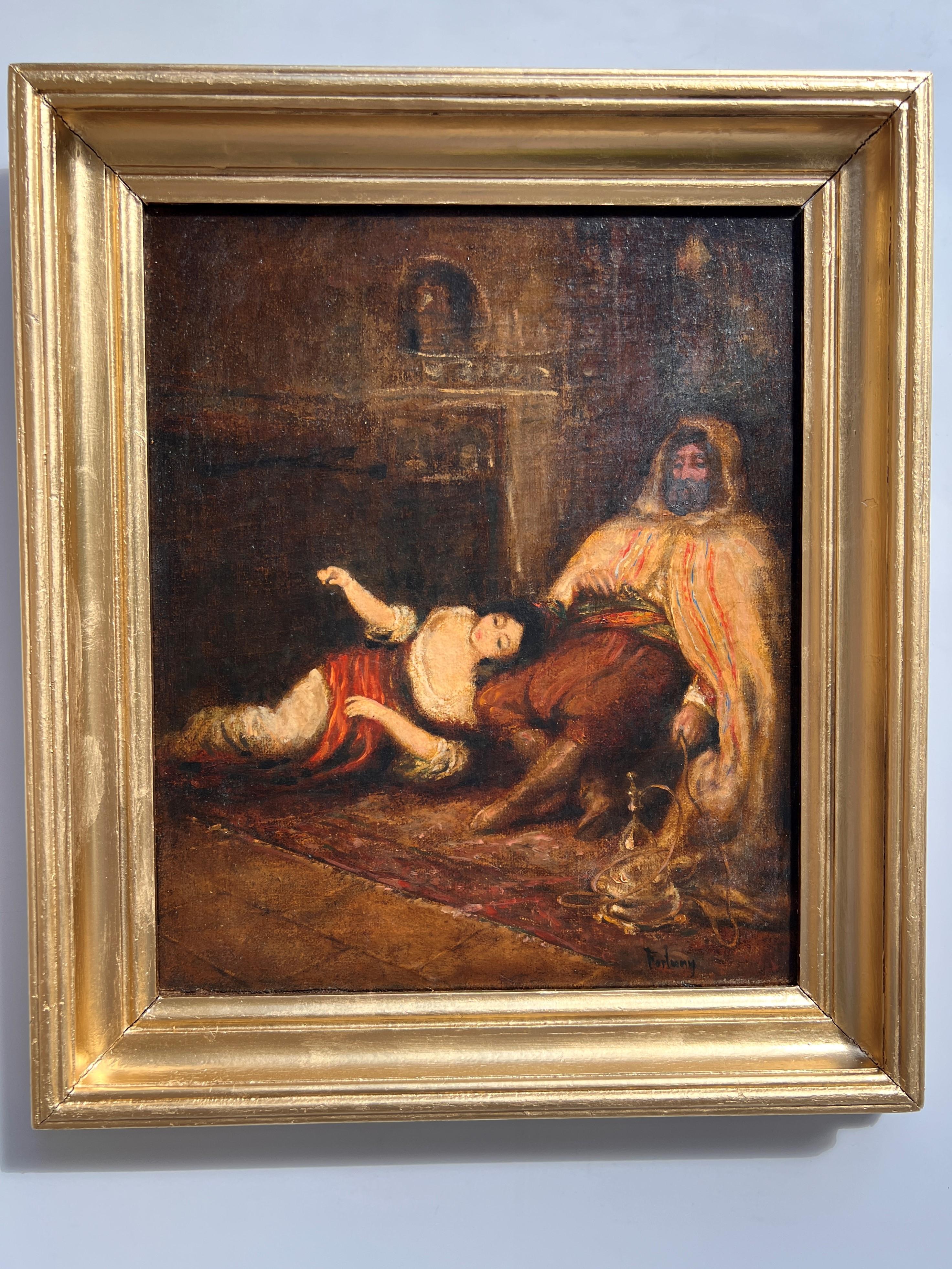 19TH C. OIL ON CANVAS, ORIENTALIST INTERIOR SCENE WITH FIGURES, SIGNED FORTUNY - Painting by Fortuny