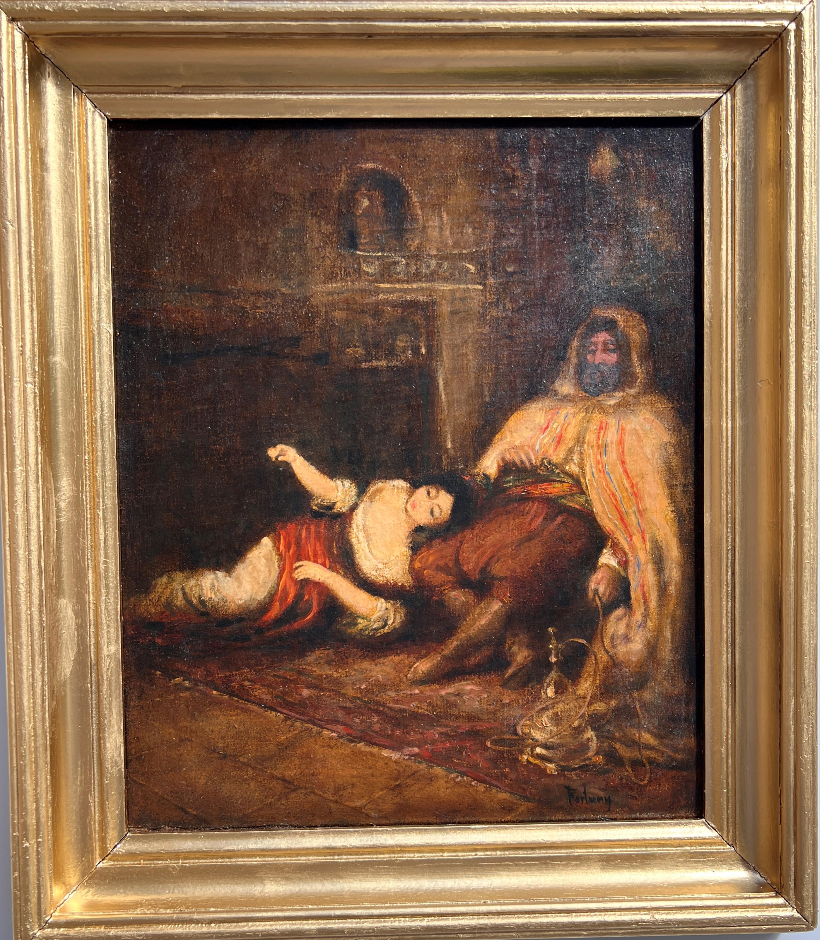 19TH C. OIL ON CANVAS, ORIENTALIST INTERIOR SCENE WITH FIGURES, SIGNED FORTUNY