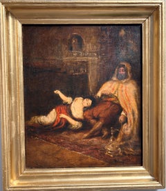 Antique 19TH C. OIL ON CANVAS, ORIENTALIST INTERIOR SCENE WITH FIGURES, SIGNED FORTUNY