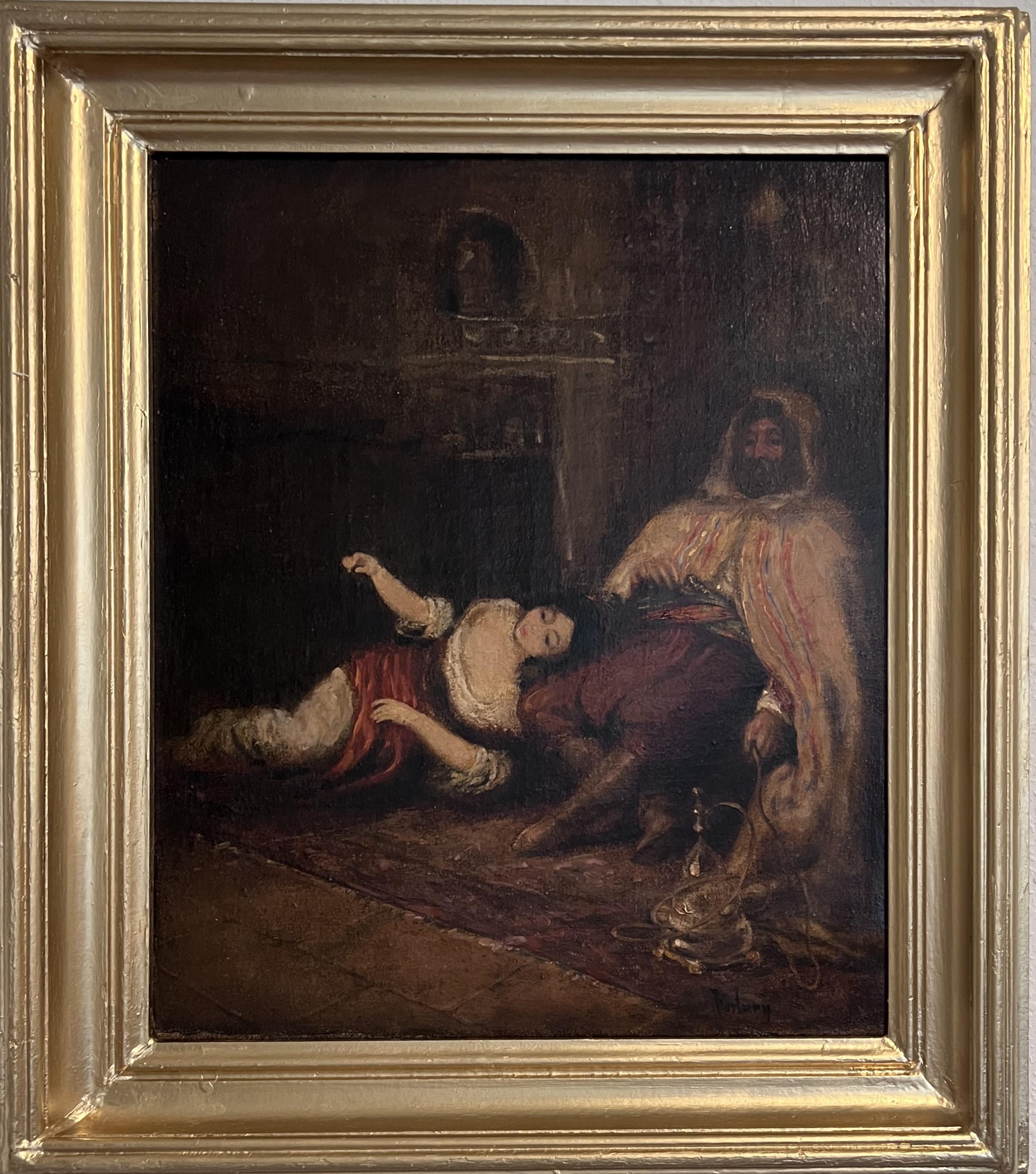 Se vende un óleo original antiguo del siglo XIX sobre lienzo que representa una escena en el interior de una casa con una figura masculina vestida con una túnica tradicional con capucha, sentada a la derecha delante de una pipa de agua sobre una