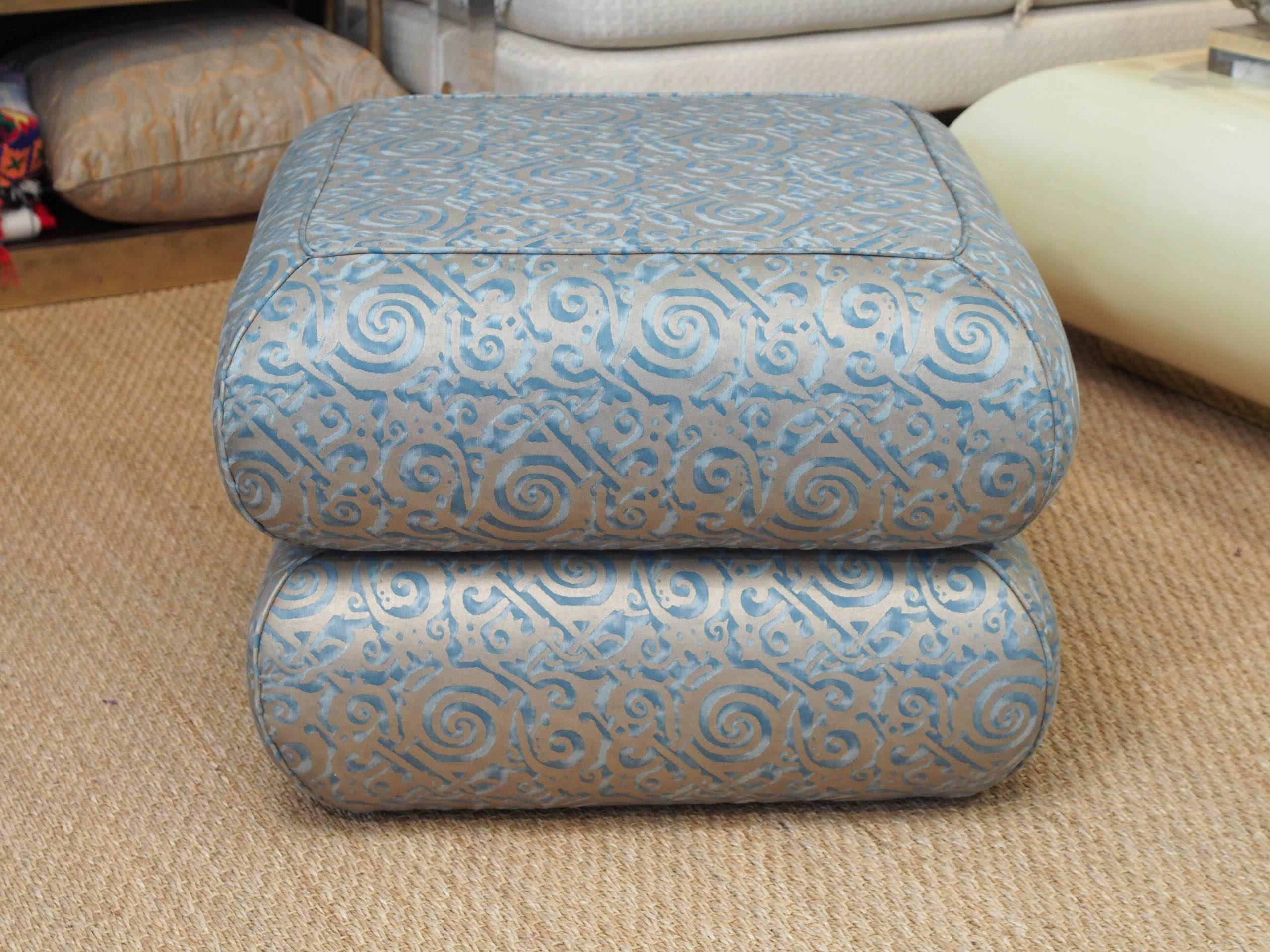 Cust Turkish style ottoman made with blue and silvery gold Fortuny print with self welt detailing at top.