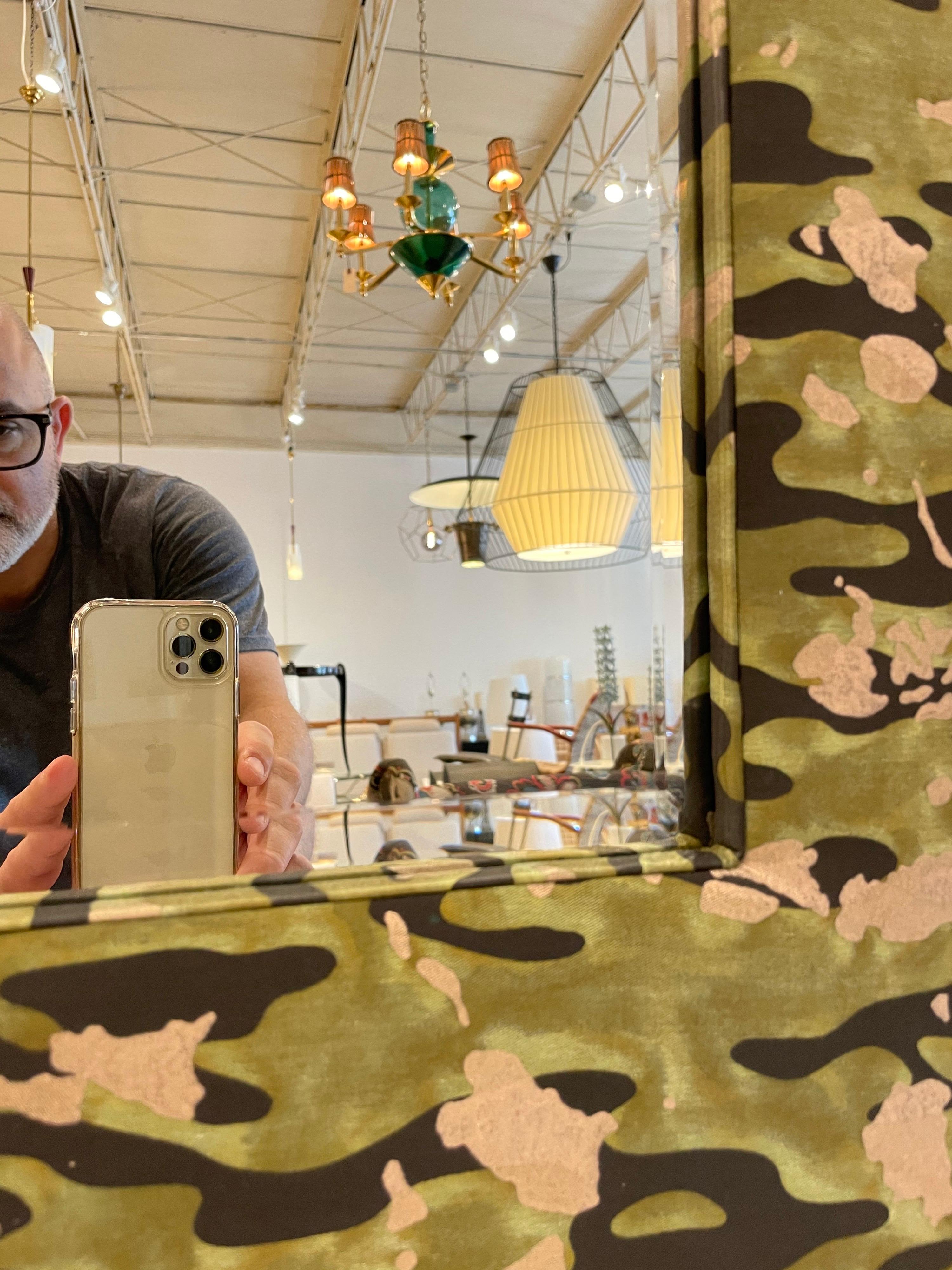 Post-Modern Fortuny Camouflage Style Fabric Over a Large Rectangular Mirror For Sale