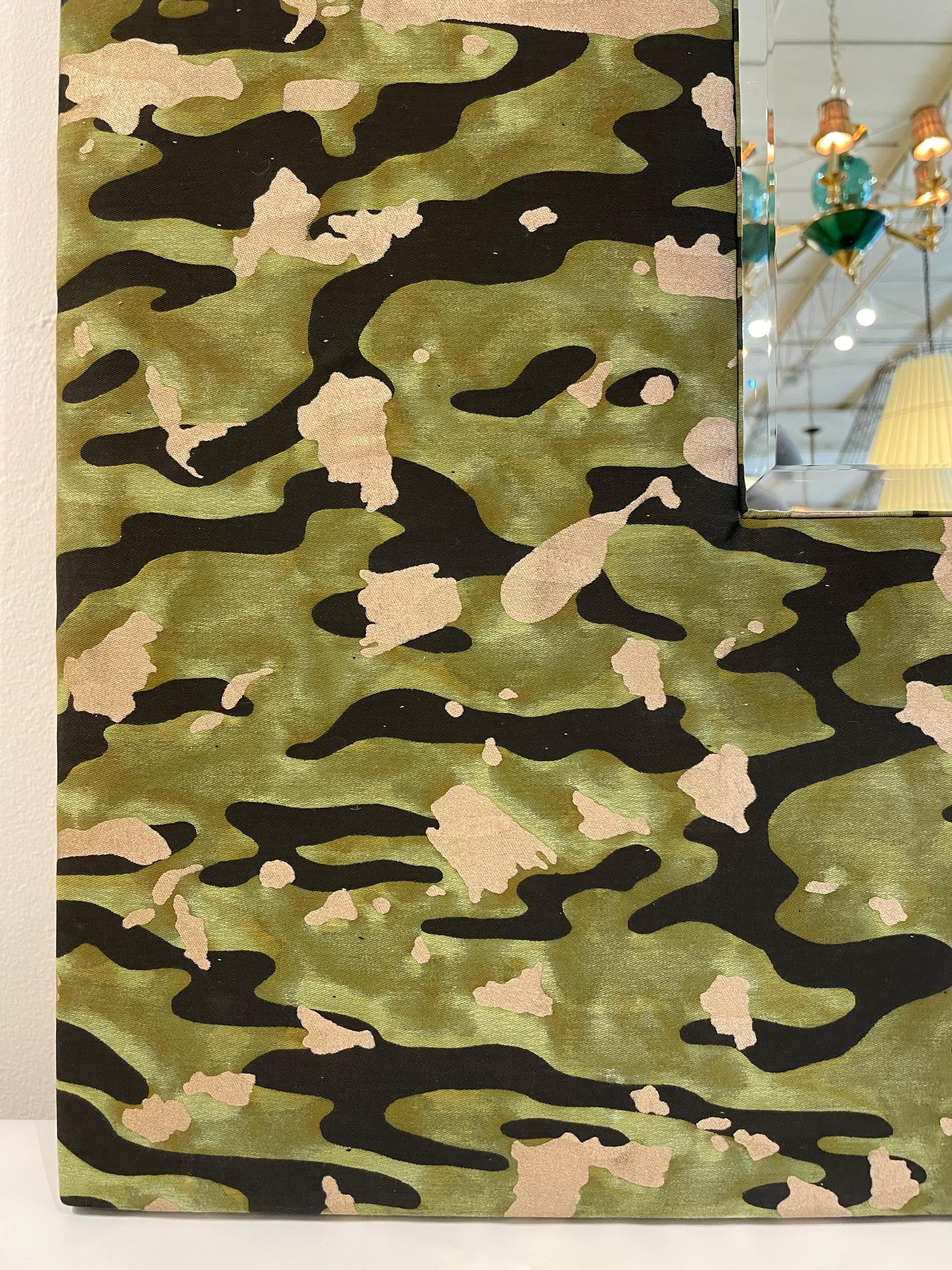 Italian Fortuny Camouflage Style Fabric Over a Large Rectangular Mirror For Sale