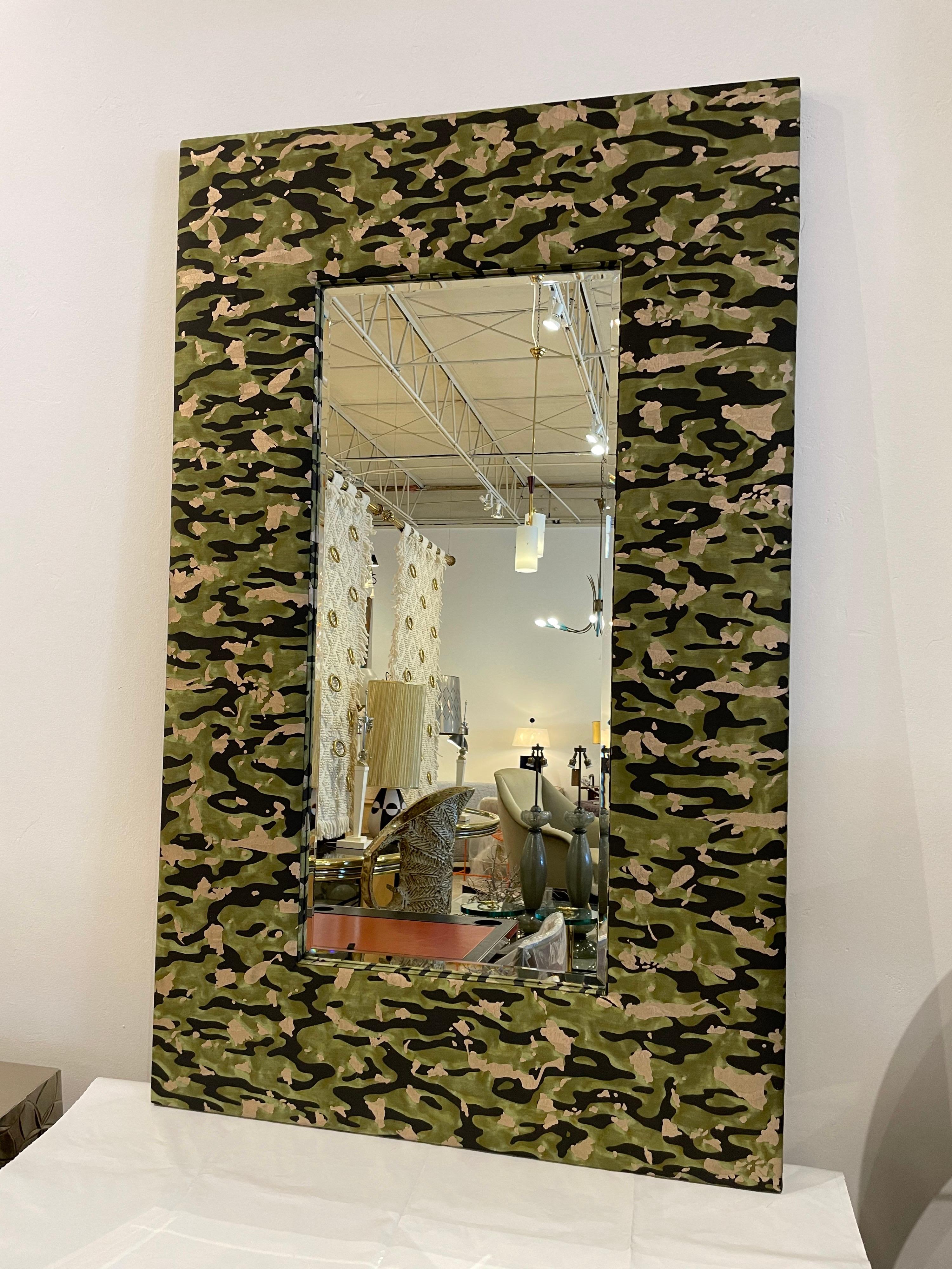 Fortuny Camouflage Style Fabric Over a Large Rectangular Mirror In Excellent Condition For Sale In East Hampton, NY