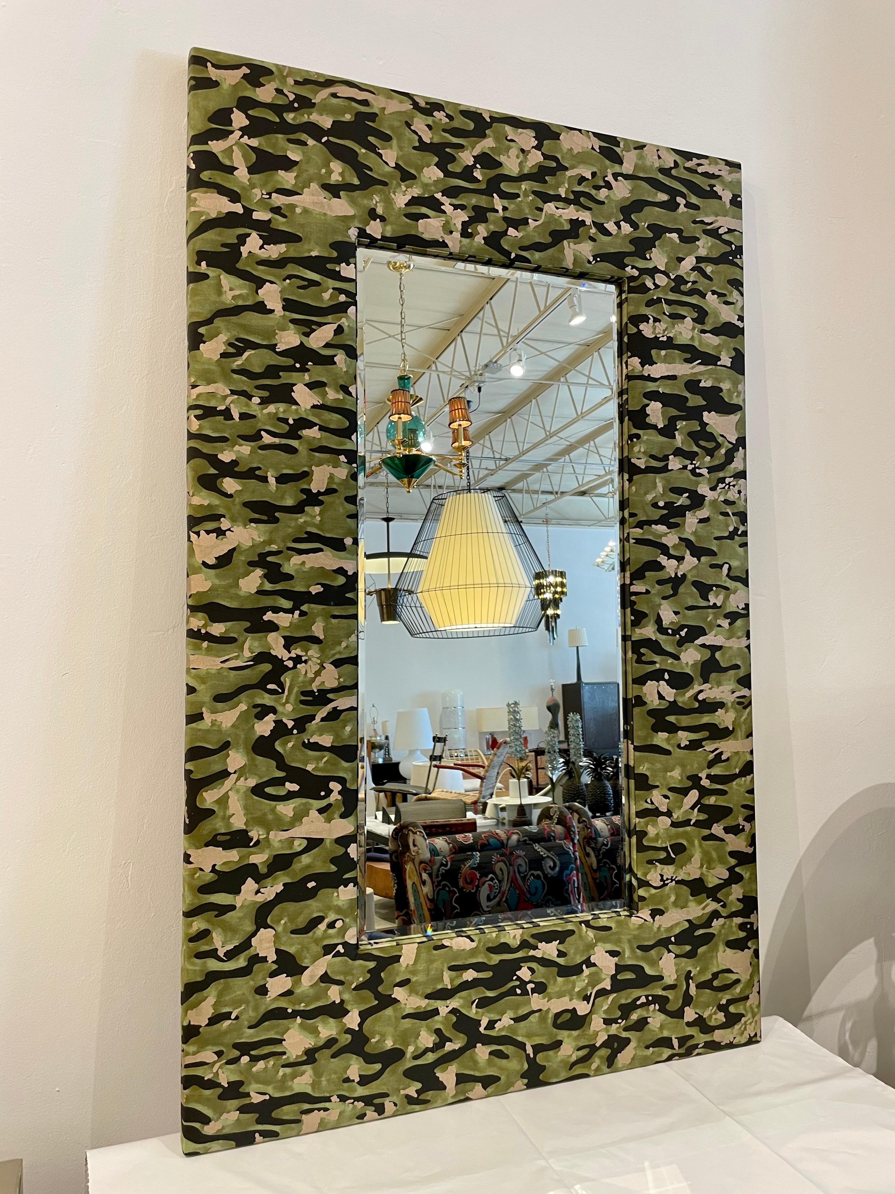 Contemporary Fortuny Camouflage Style Fabric Over a Large Rectangular Mirror For Sale