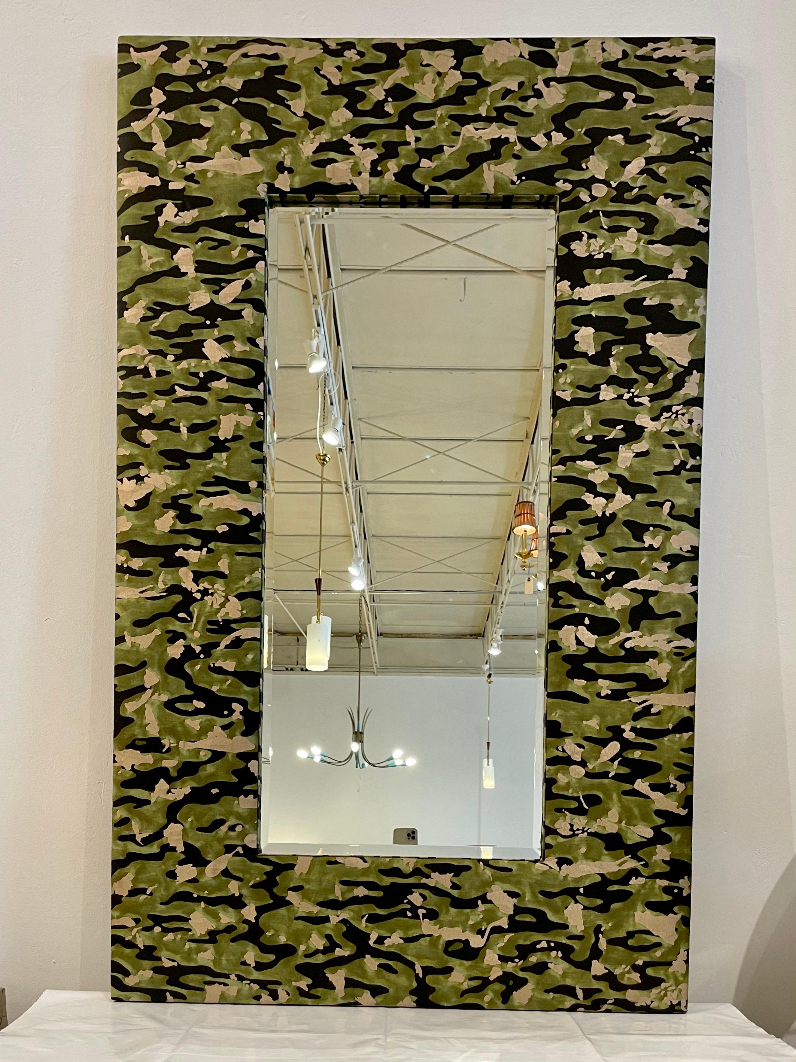 Cotton Fortuny Camouflage Style Fabric Over a Large Rectangular Mirror For Sale