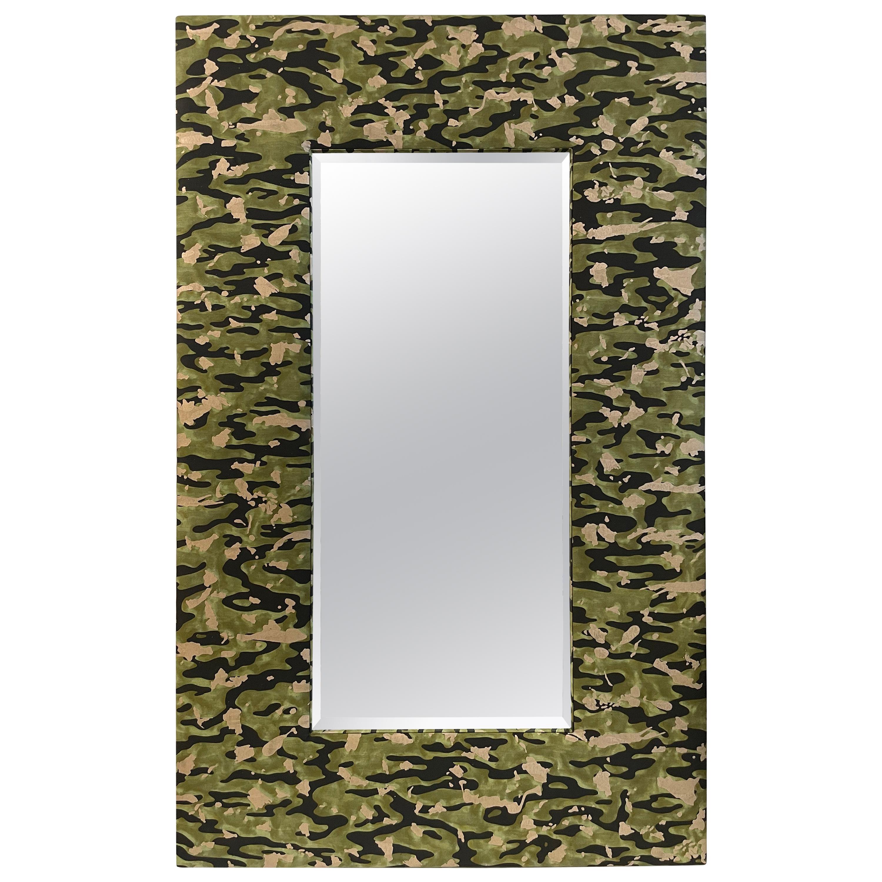 Fortuny Camouflage Style Fabric Over a Large Rectangular Mirror For Sale