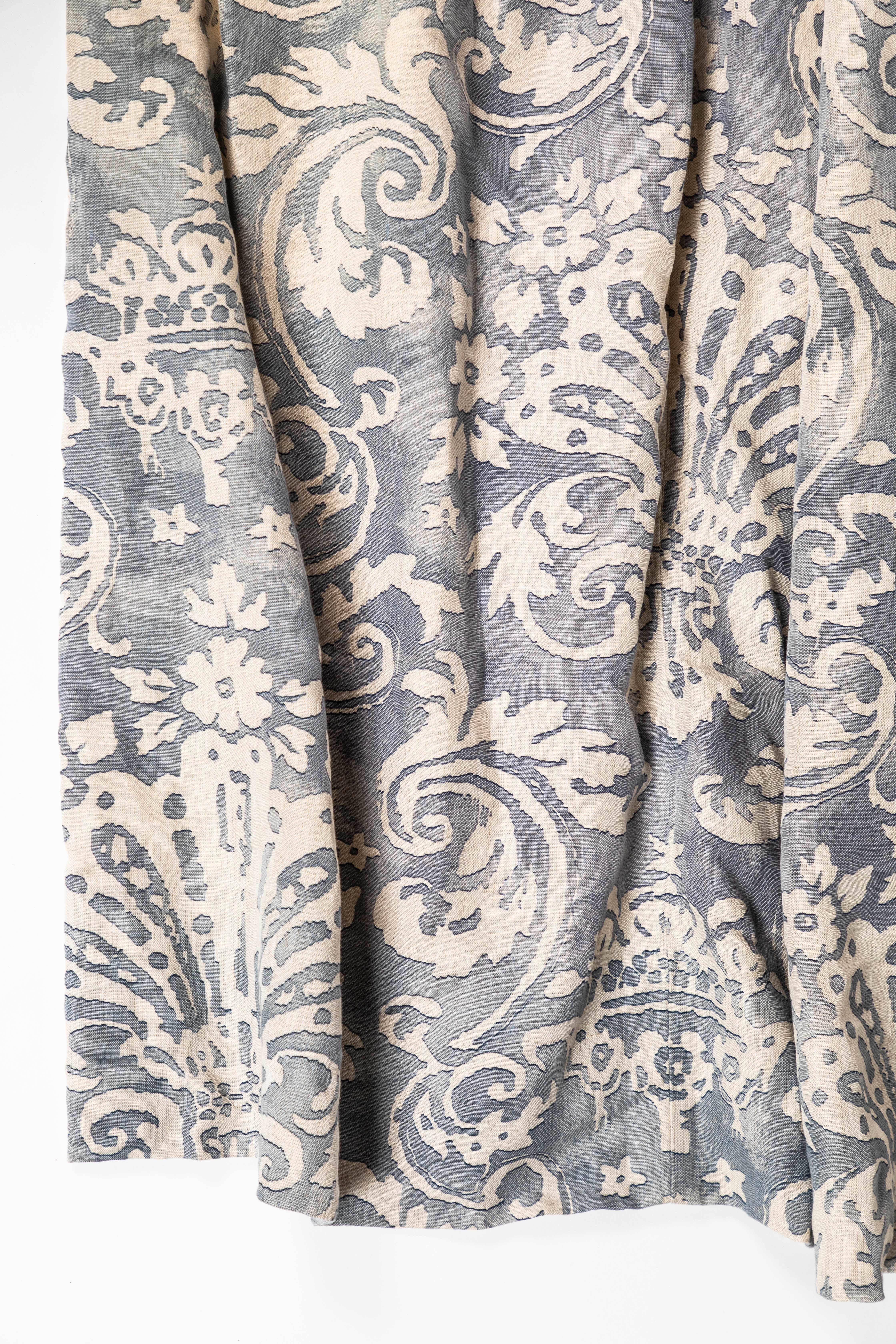 Italian Fortuny Classic Damask Printed Cotton Drapery Panels, Set of 8 For Sale