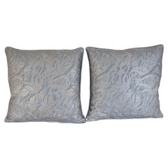 Fortuny Cotton Damask Throw Pillows, Venetian Floral Motif, Aqua & Silver Pair