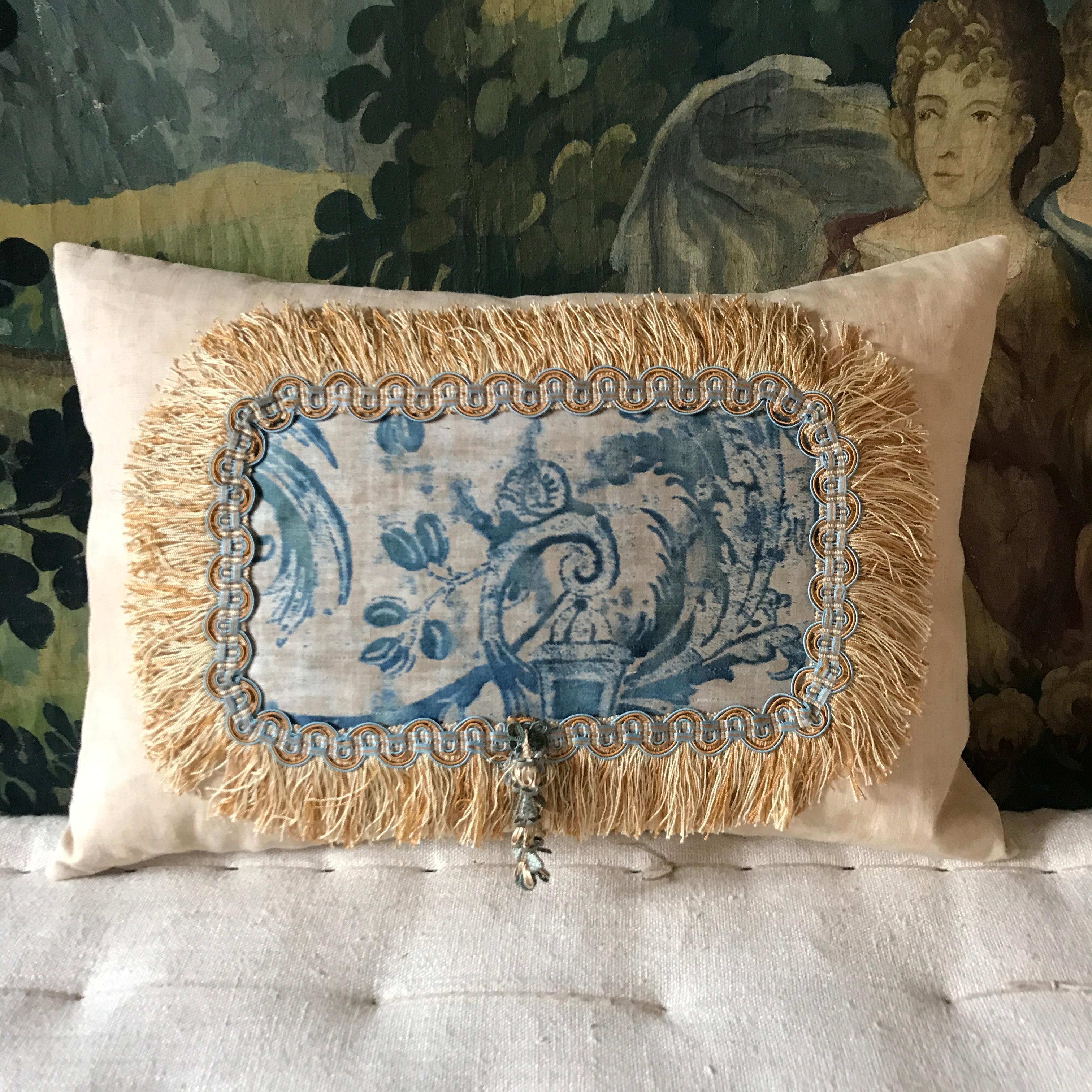 Rare hand blocked Fortuny textile circa 1910 - an unusual design now discontinued featuring fauns and snails - this panel has a snail and has been placed on antique Italian silk then bordered with a complimentary silk fringe finished with a hand