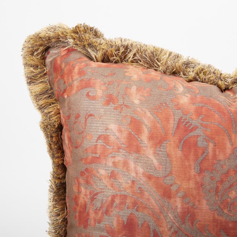 American Fortuny Fabric Cushion with Brush Fringe, Vintage Fabric, Newly Made For Sale