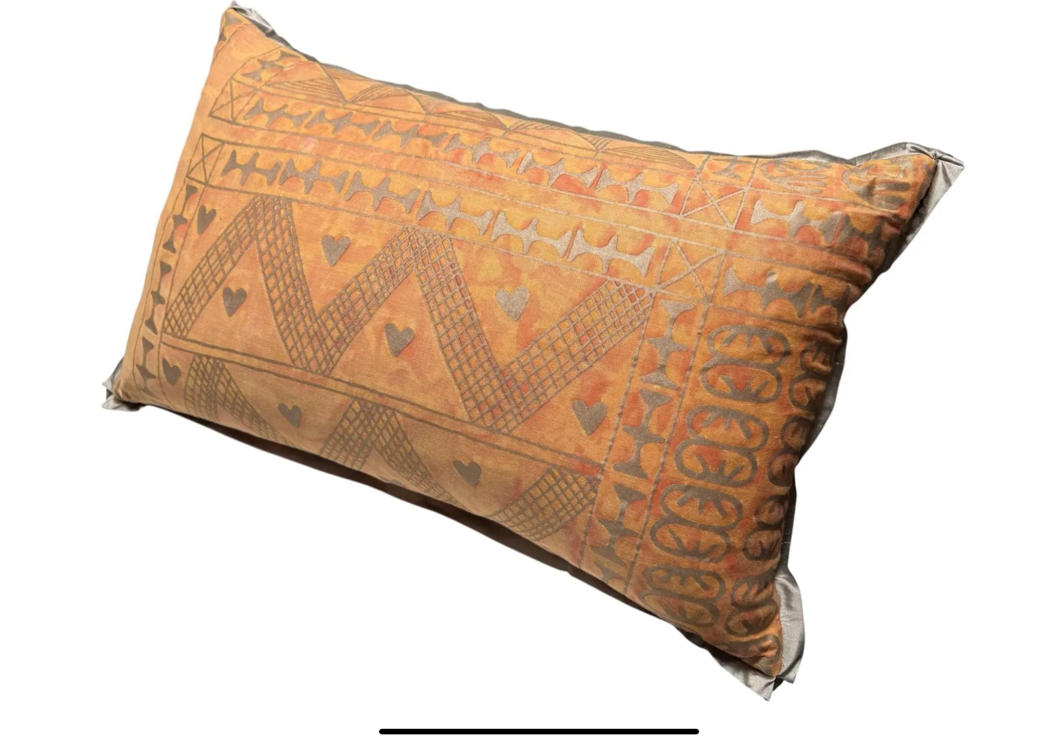 Tibetan Fortuny Fabric Designer Pillow Cushion in the Ashanti Pattern For Sale