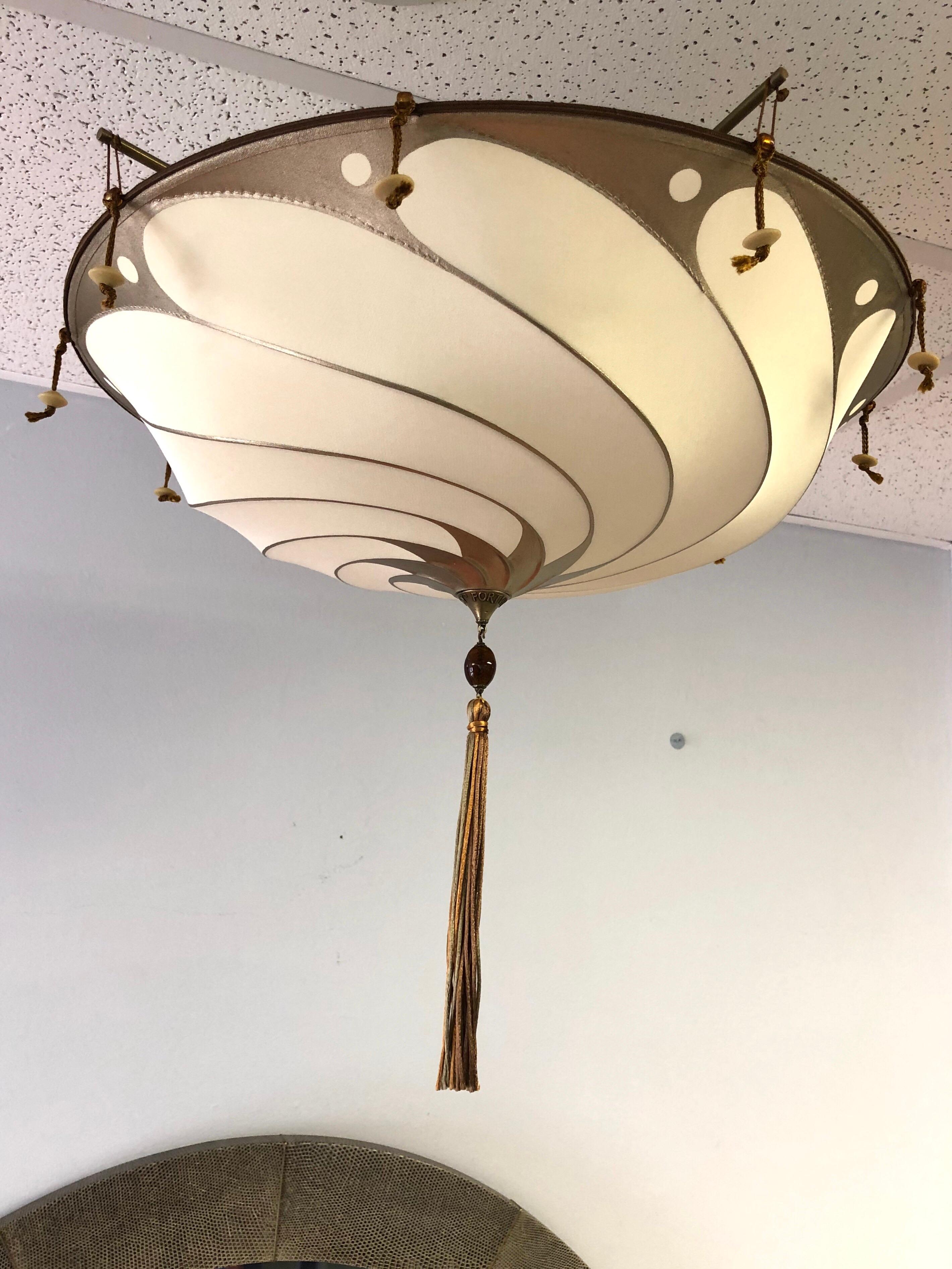 The classic silk Scudo chandelier. This is on is Flush mounted. Takes 3 regular chandelier bulbs, 25W each.