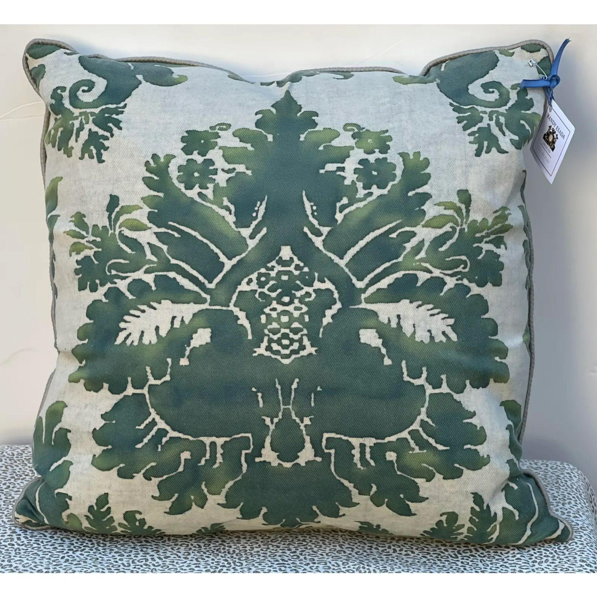 Fortuny Italian Green Hand Printed Down Filled Feather Pillow In Good Condition In LOS ANGELES, CA