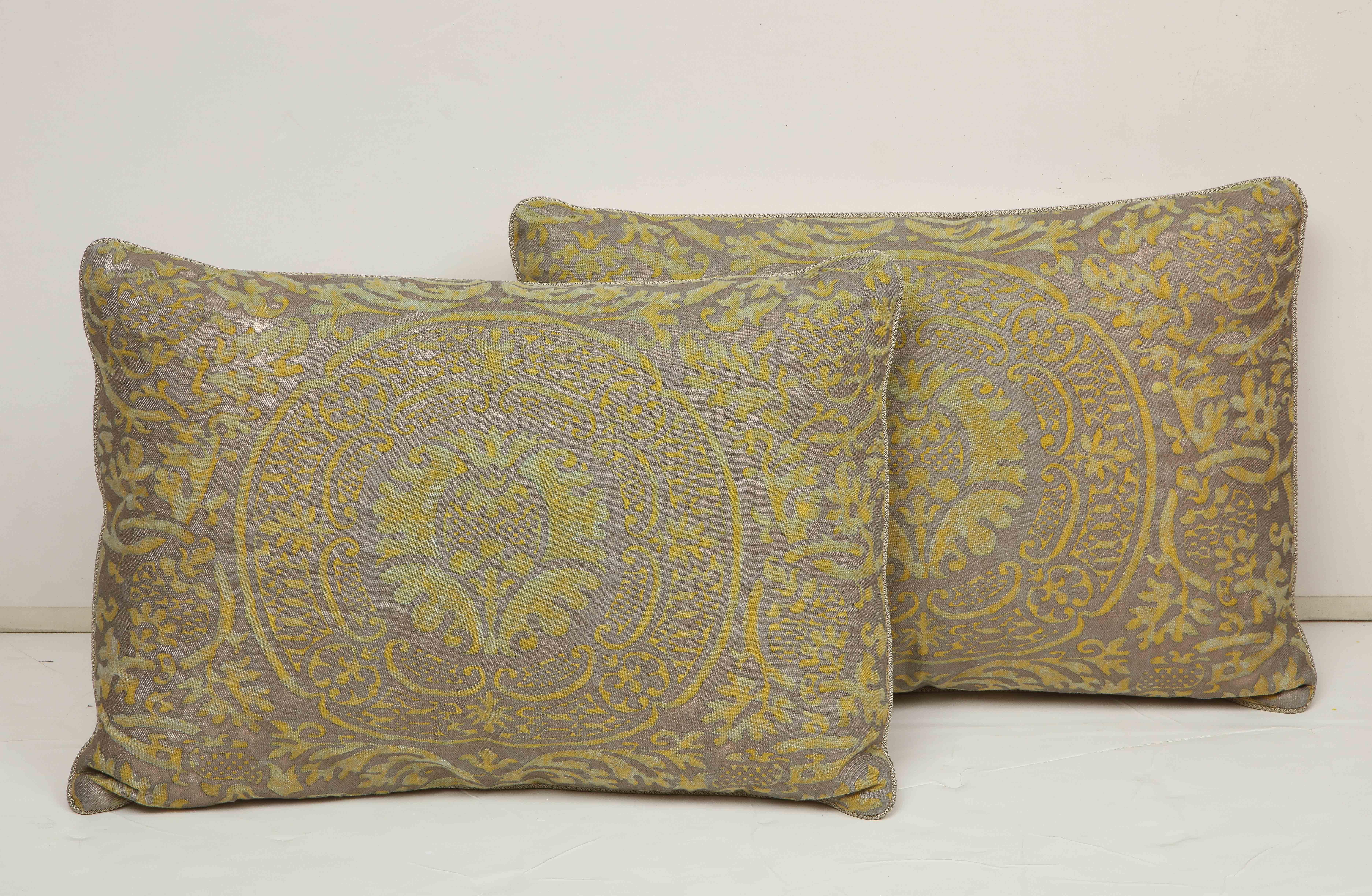 Pair of pillows covered in green and grey Fortuny silk and backed with natural linen. Individually priced at $475.