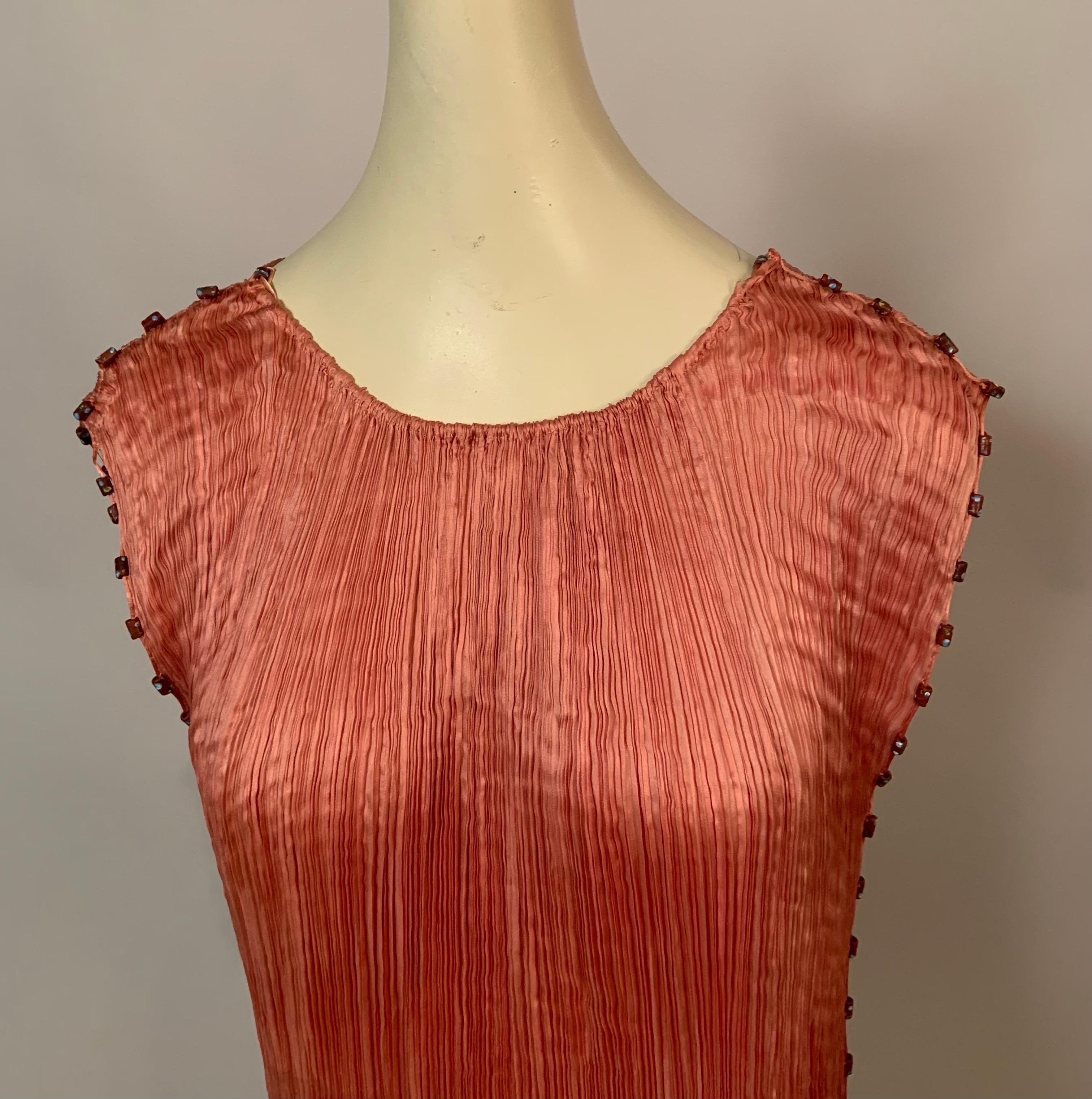 Fortuny Rose Silk Delphos Gown with Gold Stenciled Belt and Venetian Glass Beads In Good Condition In New Hope, PA