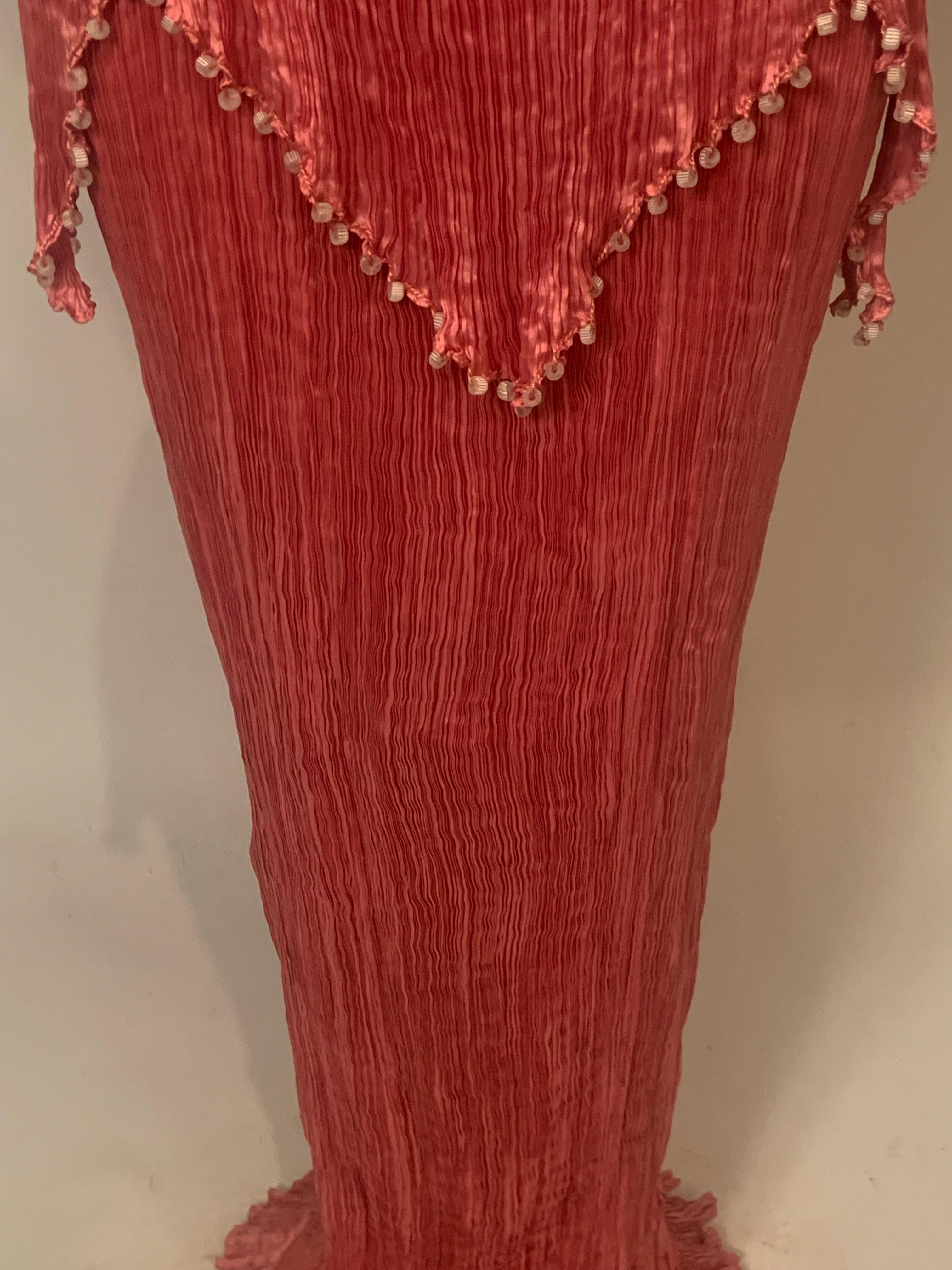 Fortuny Rose Silk Peplos Dress with Stenciled Belt and Venetian Glass Beads In Good Condition In New Hope, PA