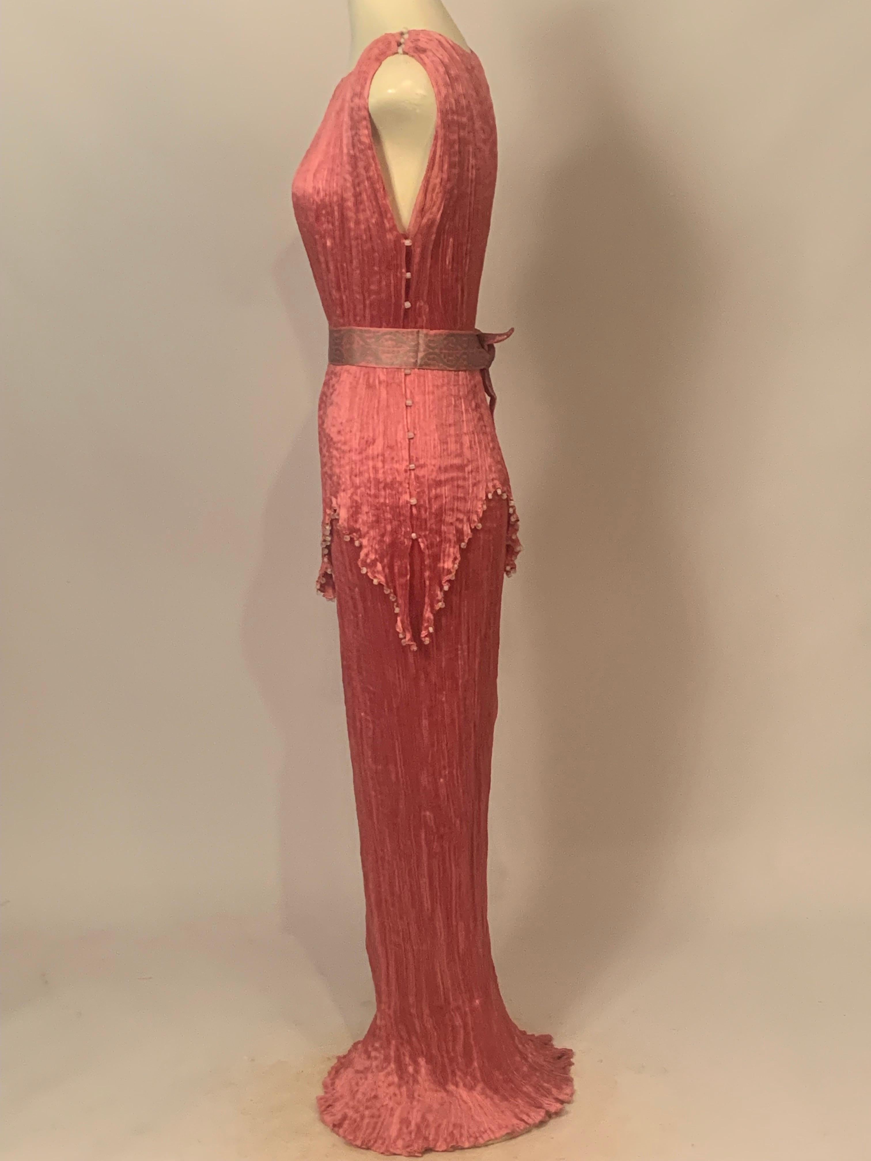 Fortuny Rose Silk Peplos Dress with Stenciled Belt and Venetian Glass Beads 1