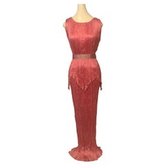 Vintage Fortuny Rose Silk Peplos Dress with Stenciled Belt and Venetian Glass Beads