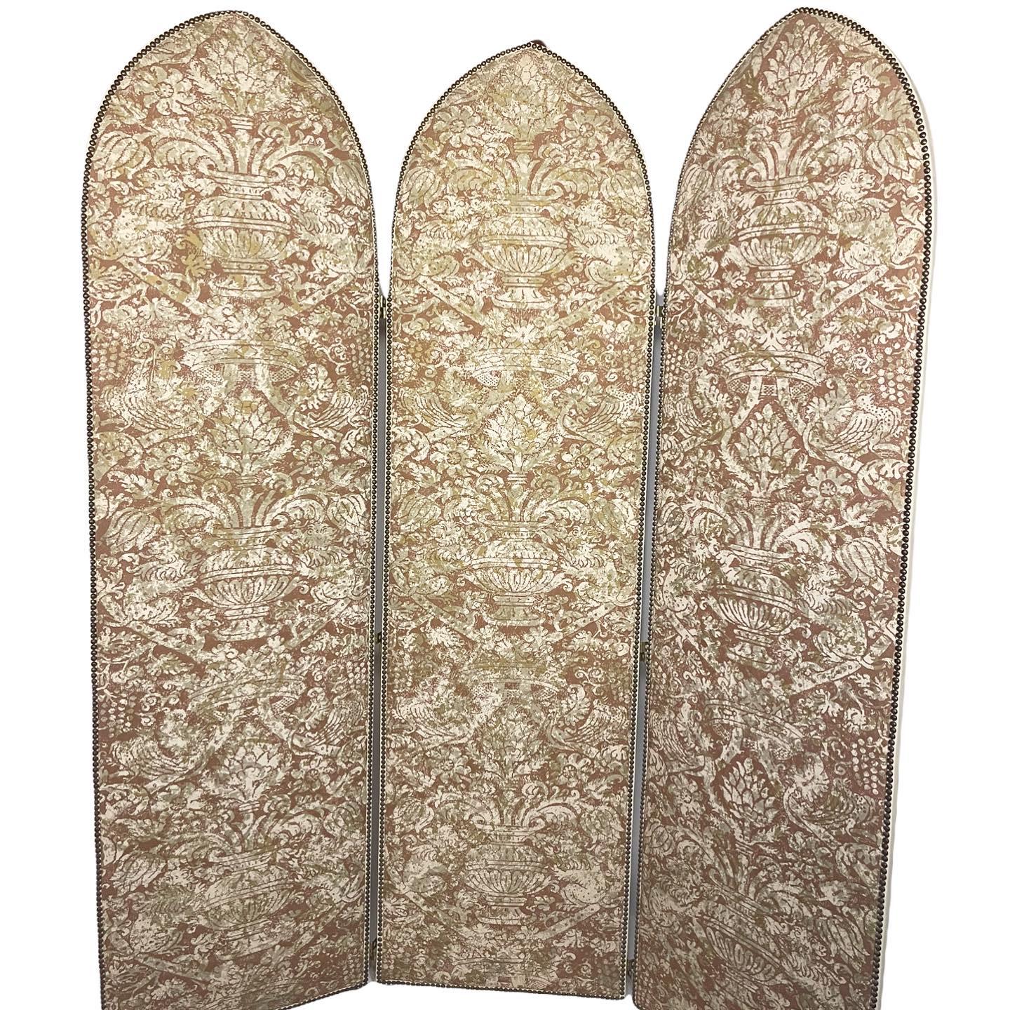 20th Century Fortuny Room Divider/Screen in Beige and Gold with White Leather Trim