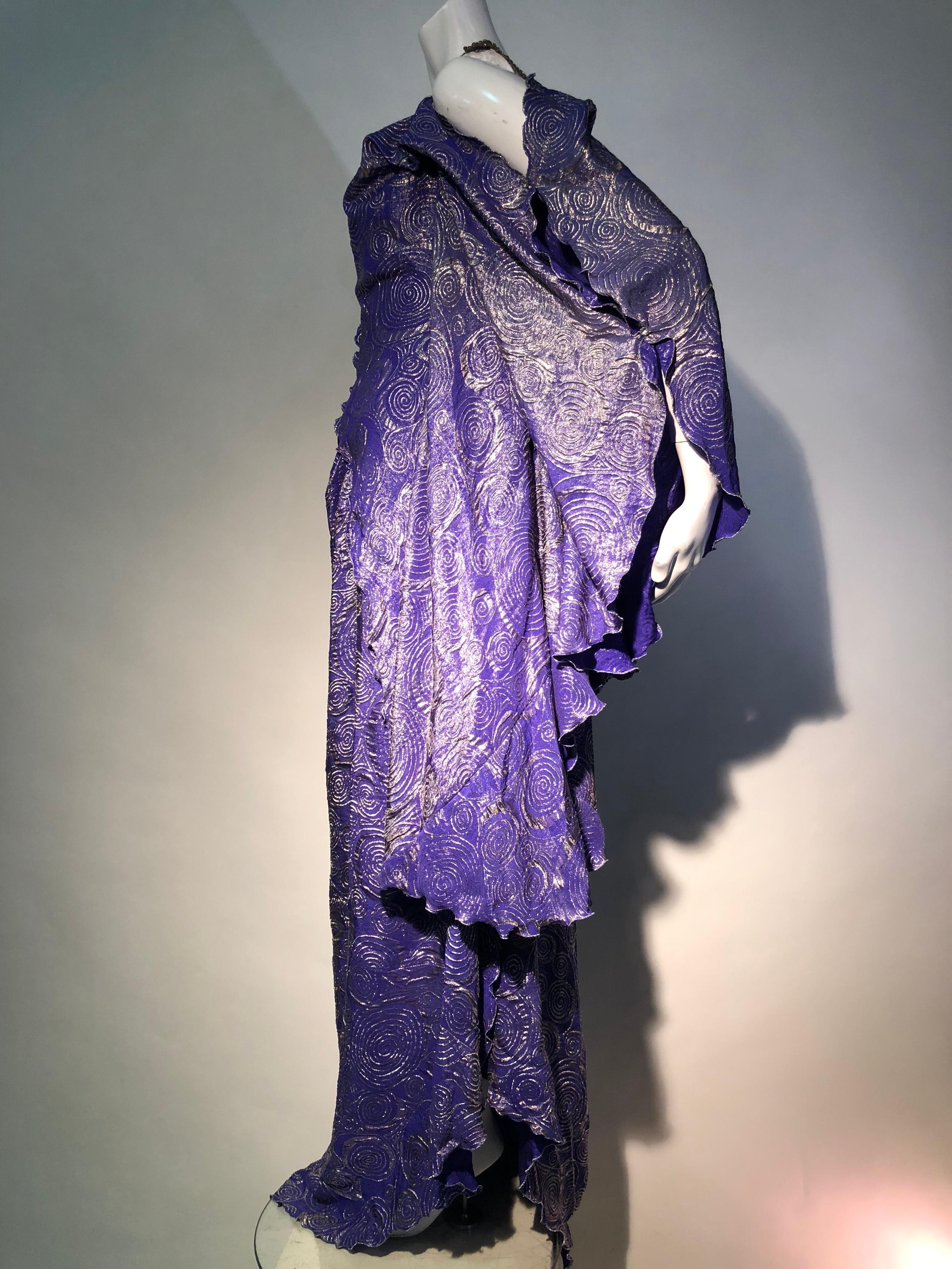 Purple Fortuny Style Violet & Silver Lame Swirl Wrap Kaftan W/ Jeweled Shoulders