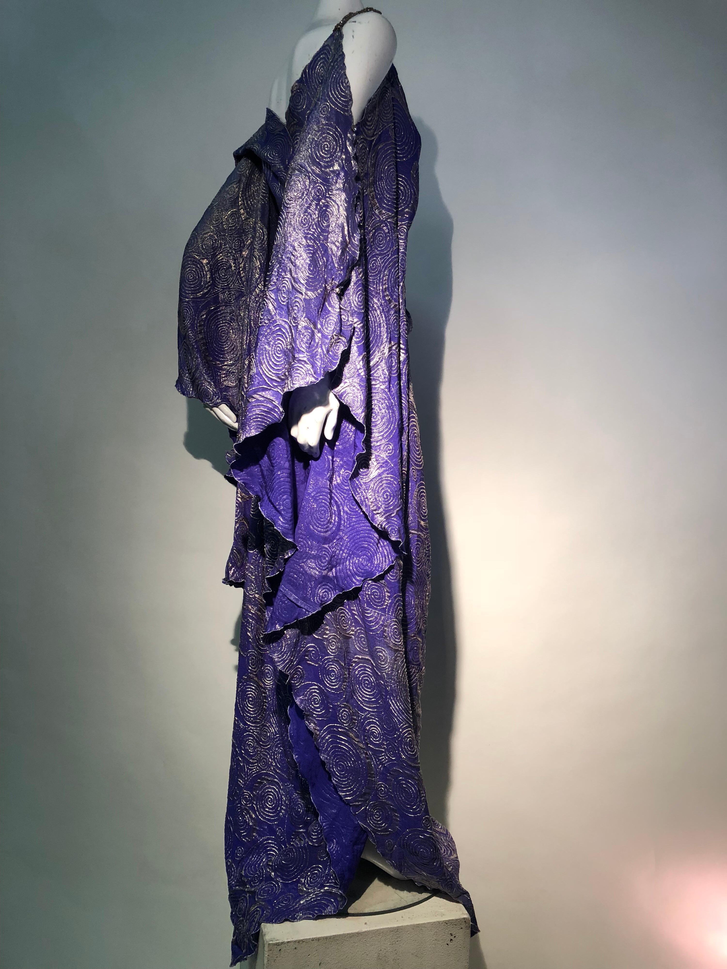 Fortuny Style Violet & Silver Lame Swirl Wrap Kaftan W/ Jeweled Shoulders In Excellent Condition In Gresham, OR